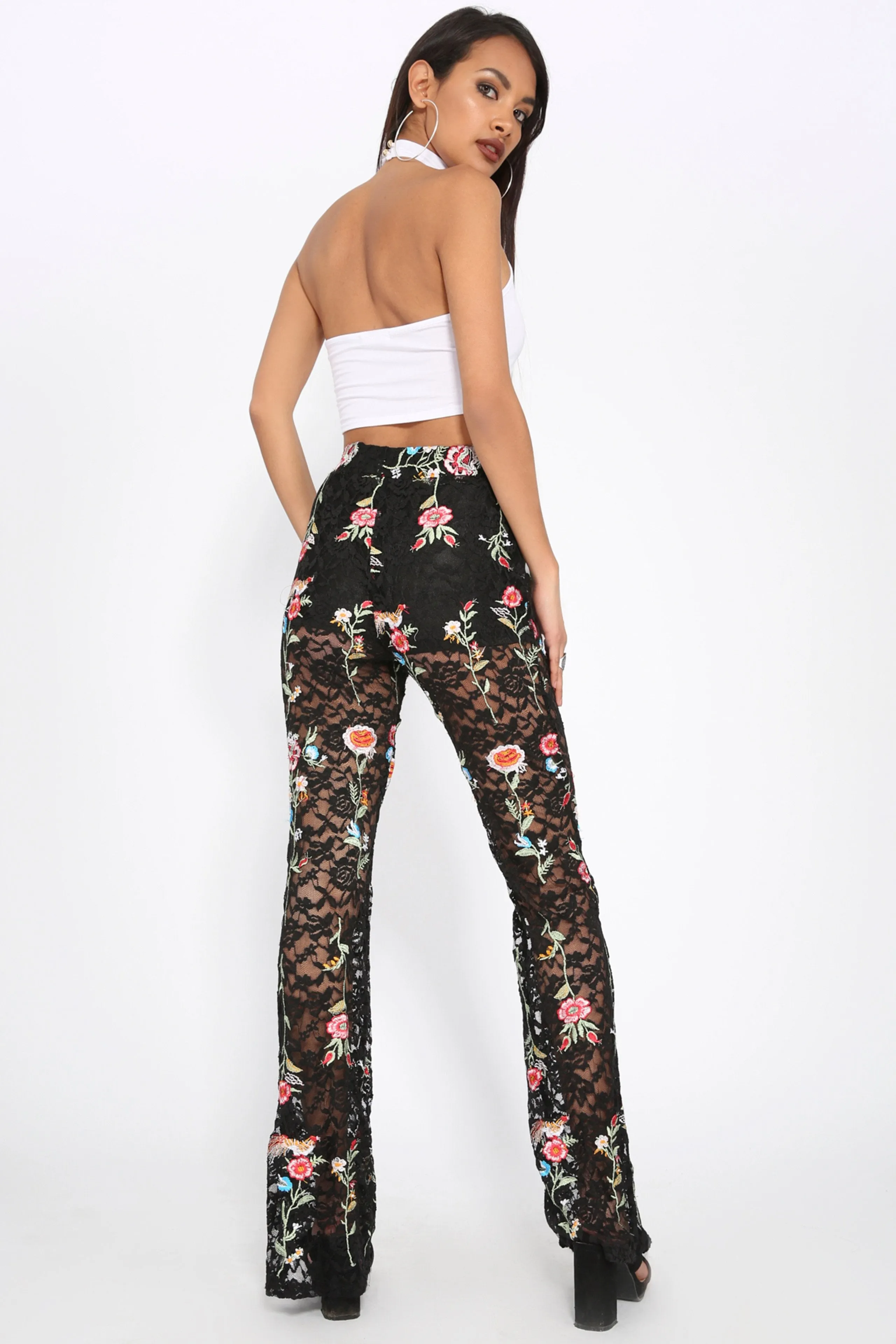 Black Floral Embroidered Lace Flares