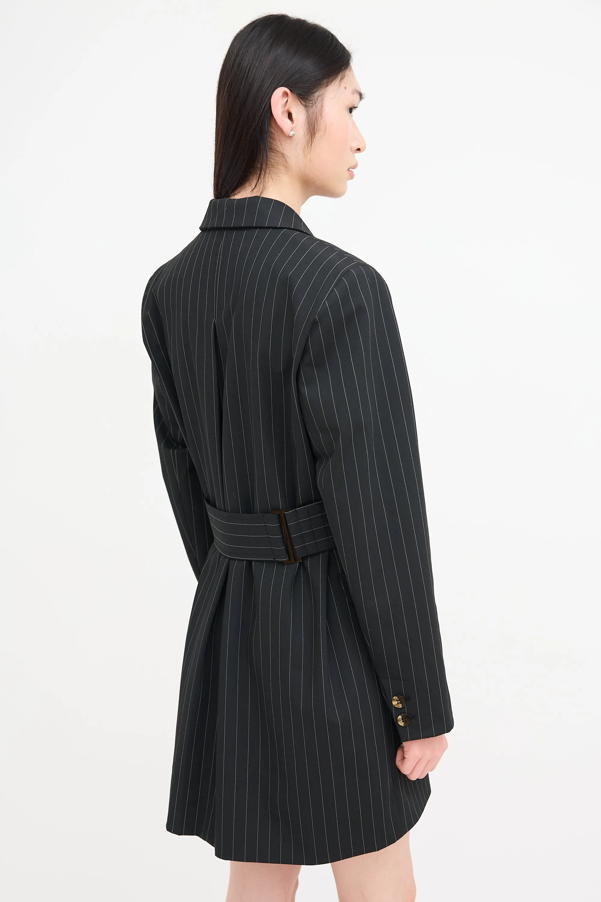 Black Pinstripe Belted Blazer