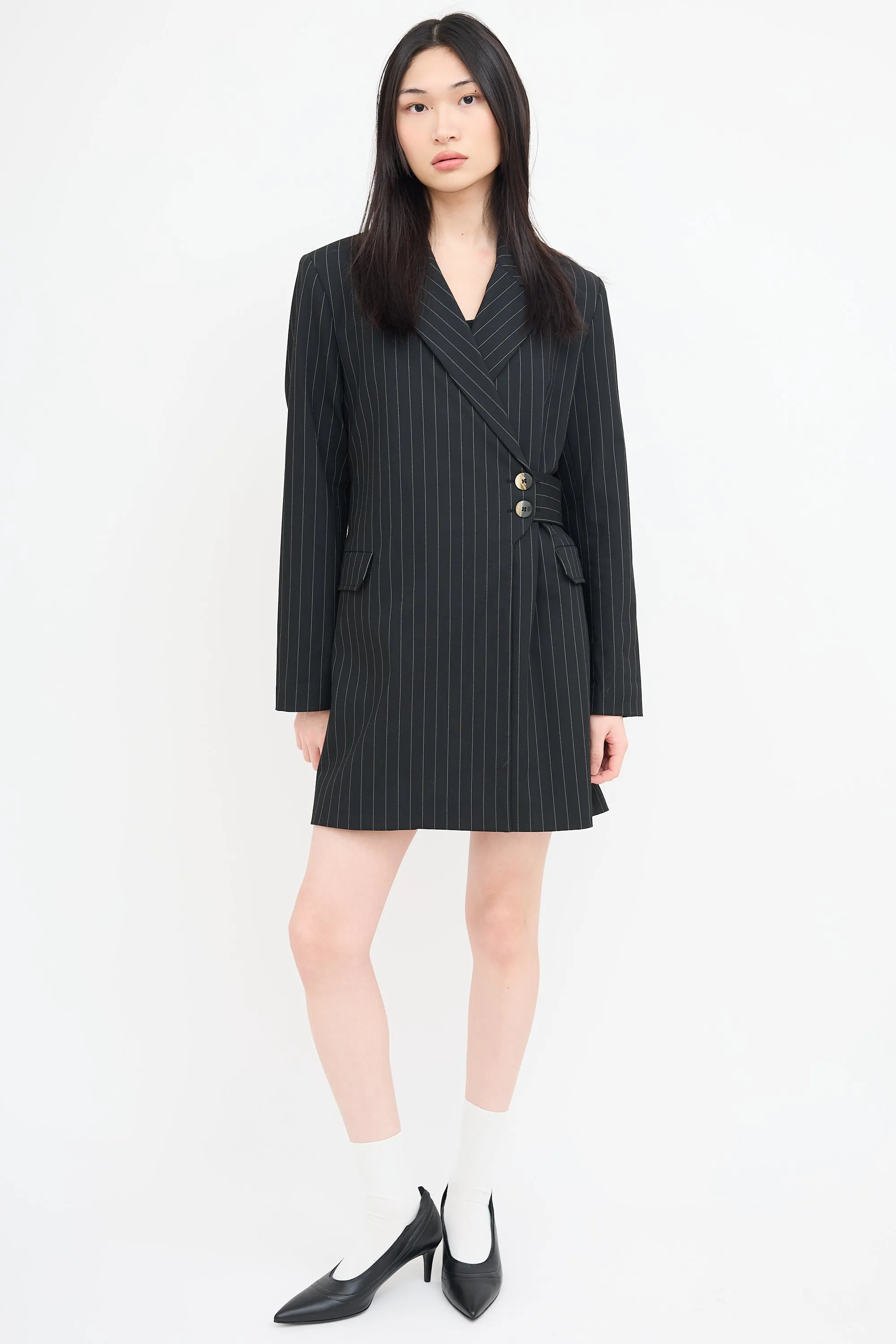 Black Pinstripe Belted Blazer