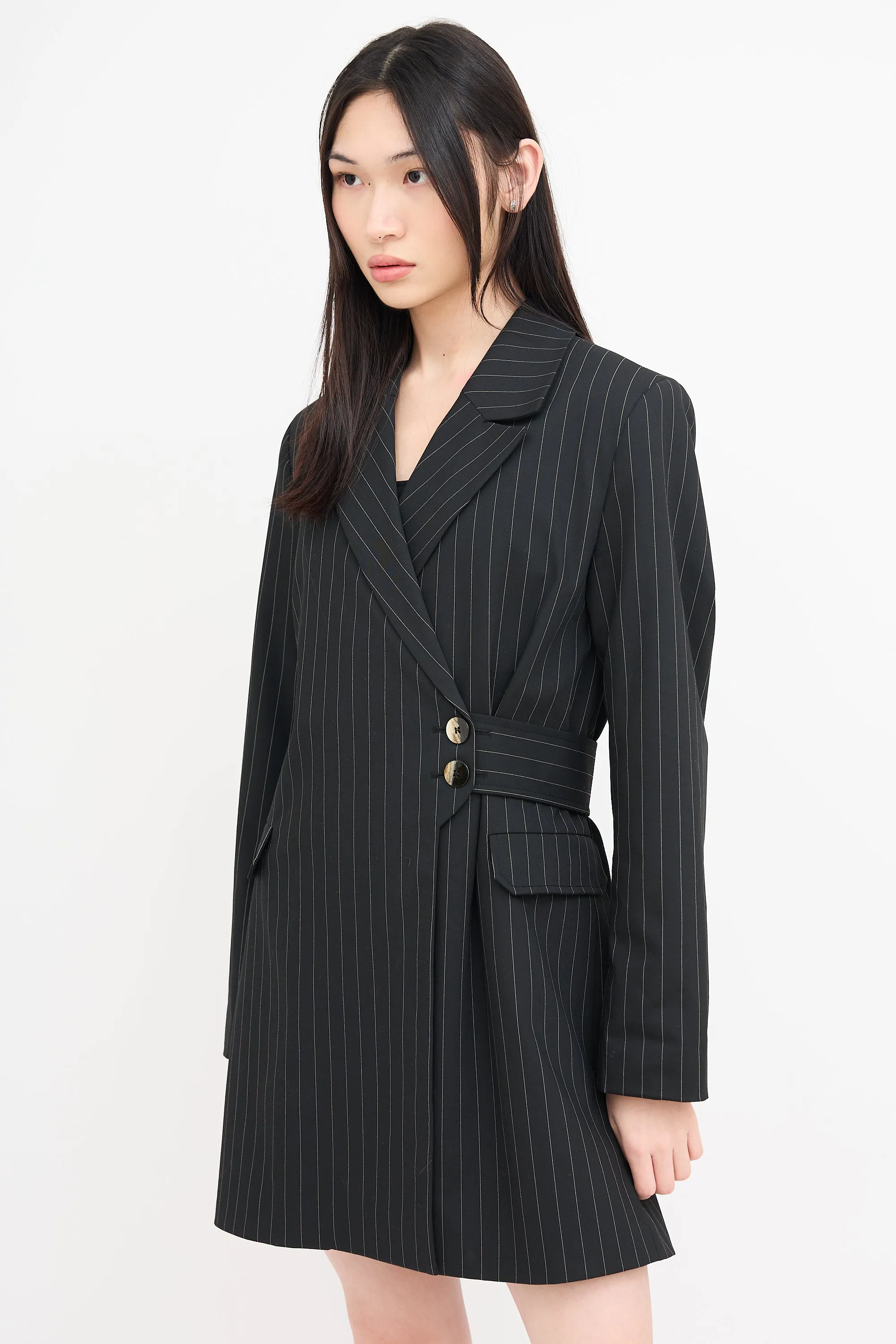 Black Pinstripe Belted Blazer