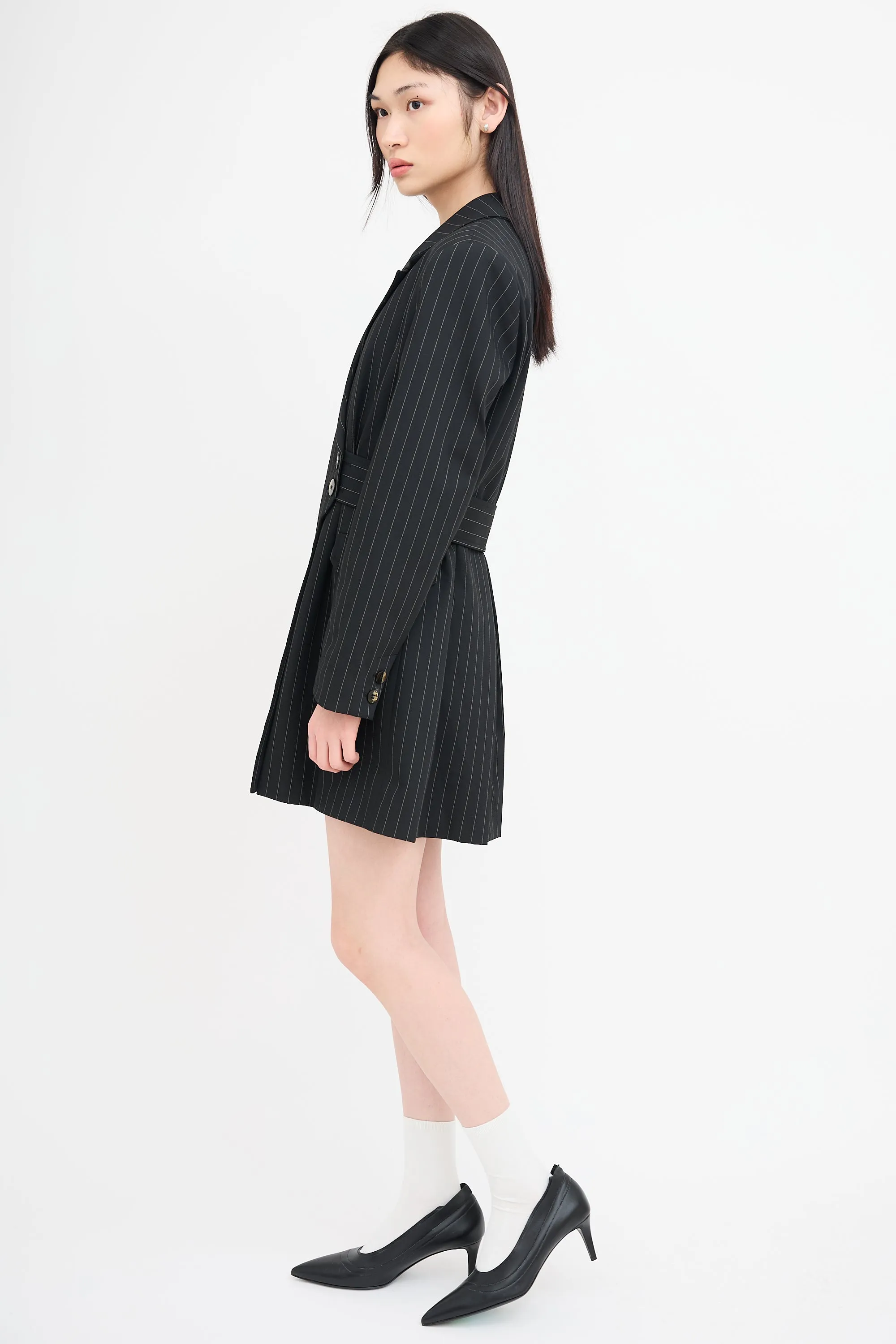 Black Pinstripe Belted Blazer