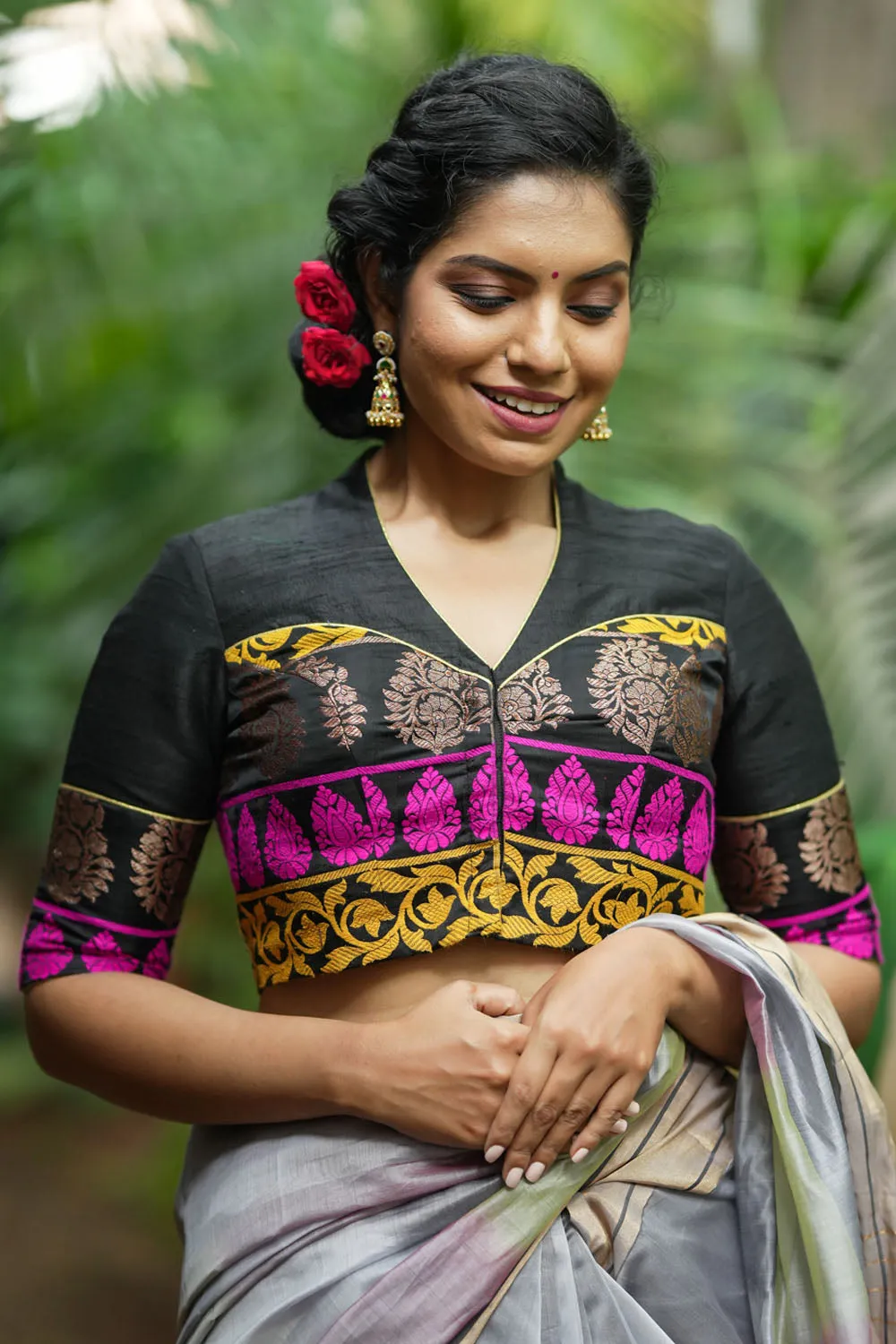 Black Pure rawsilk with brocade silk border V Neck blouse