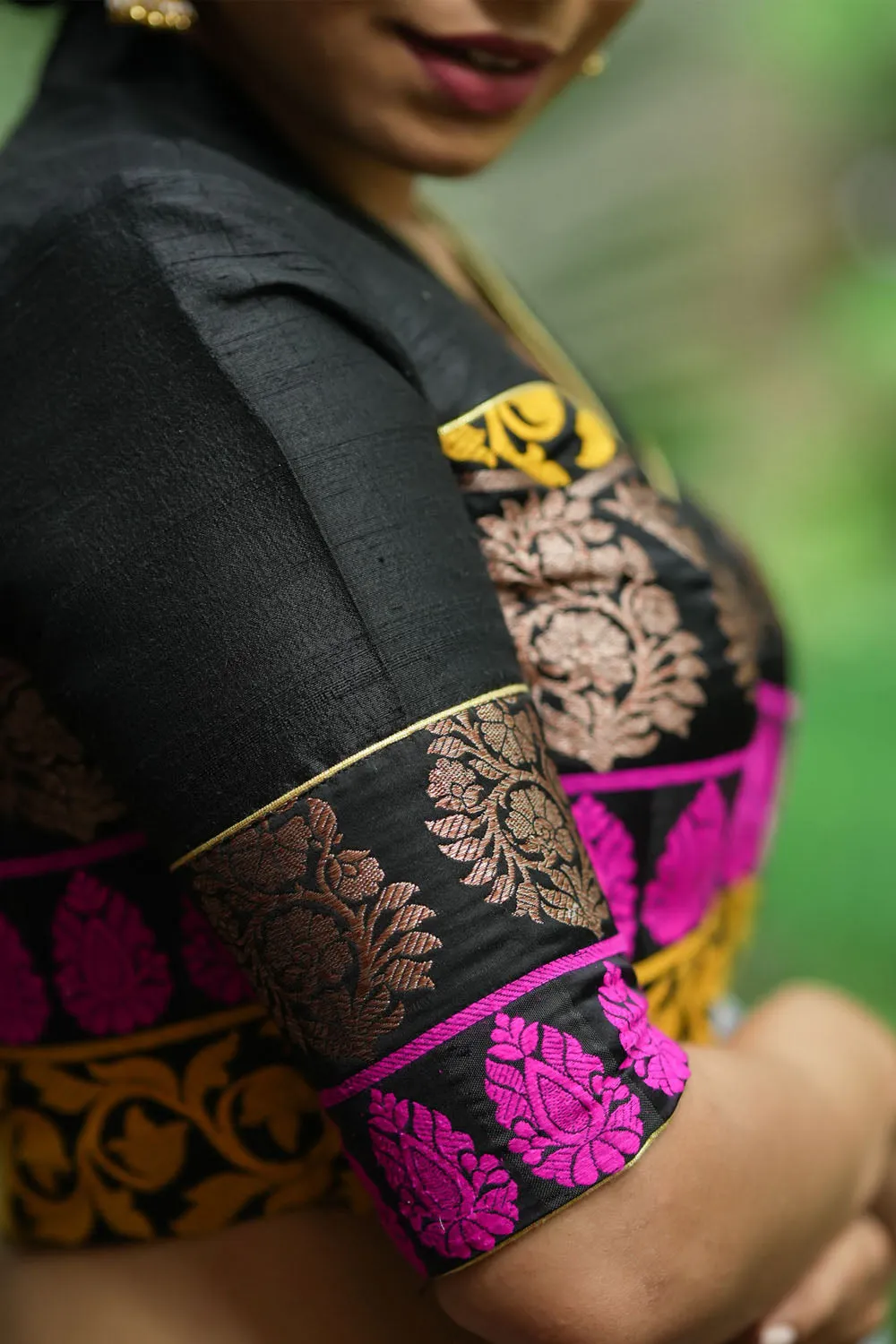 Black Pure rawsilk with brocade silk border V Neck blouse