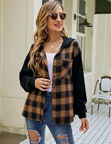 Blooming Jelly Womens Hooded Shacket Button Down Plaid Flannel Shirt Jacket Long Sleeve Color Block Fall Tops（S,Brown 3）