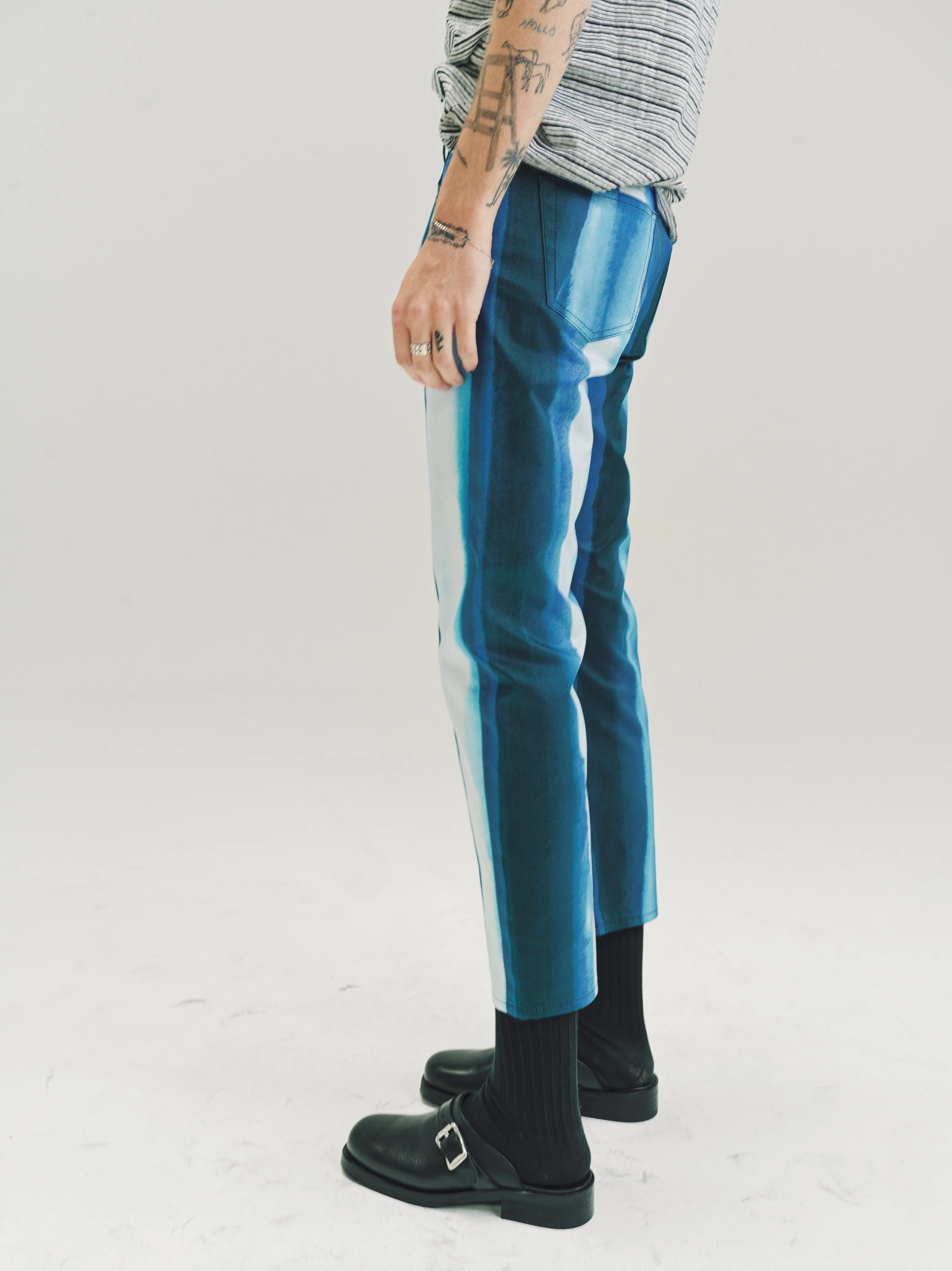 Blue Print Cotton Cropped Trousers