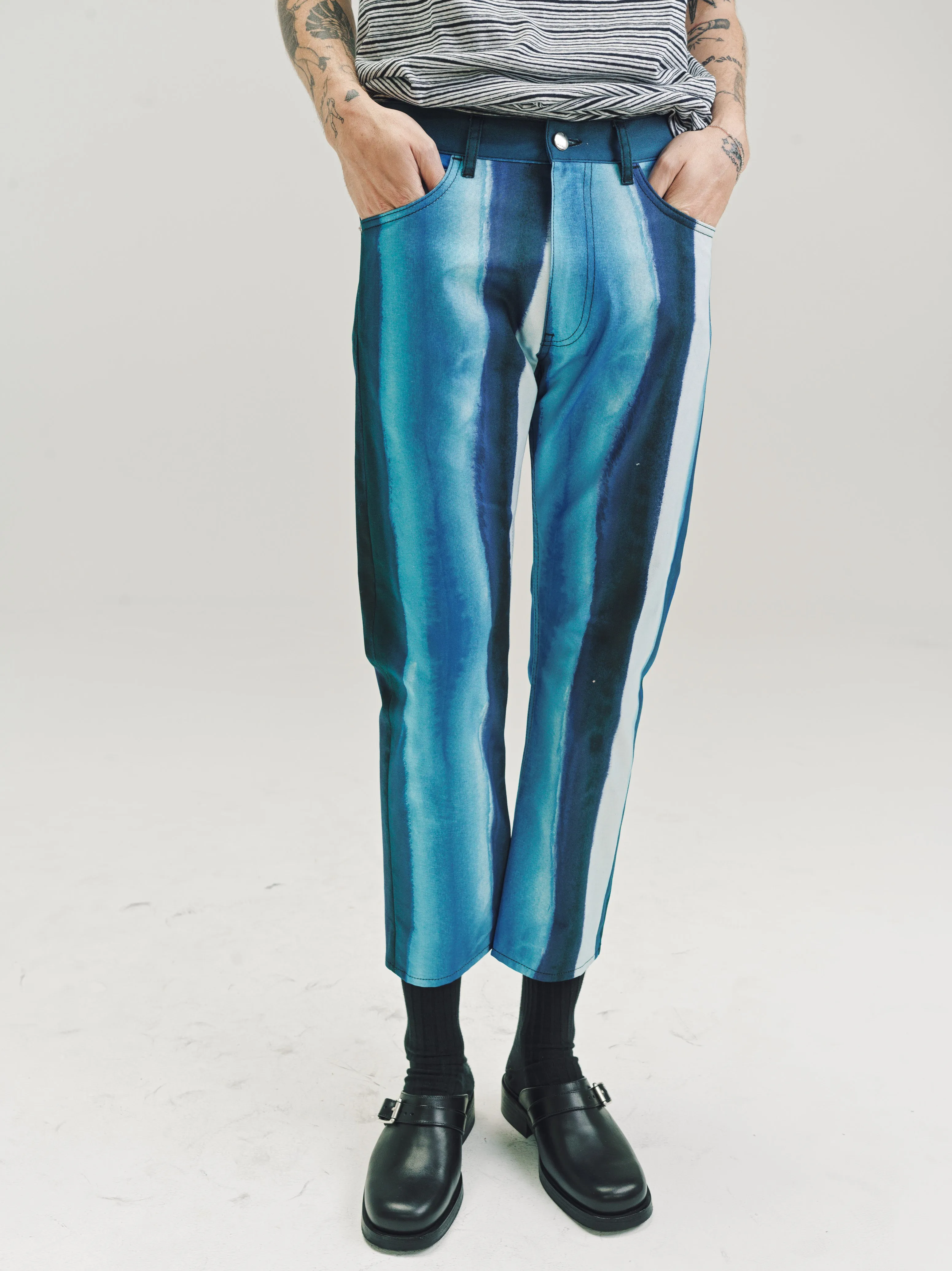 Blue Print Cotton Cropped Trousers