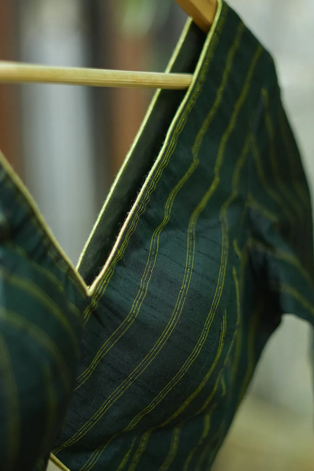 Bottle green stripes pure rawsilk V neck blouse