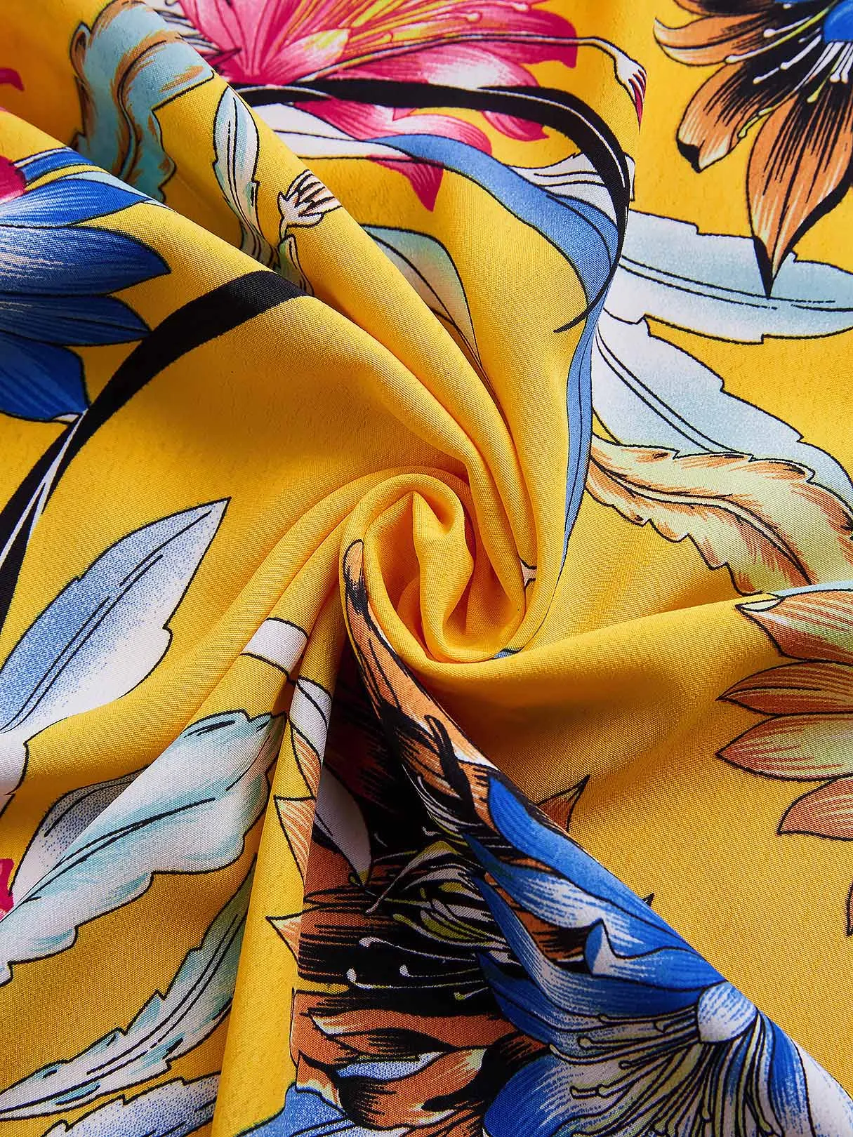 Custom V-Neck Floral Print Self-Tie Half Sleeve Yellow Blouses