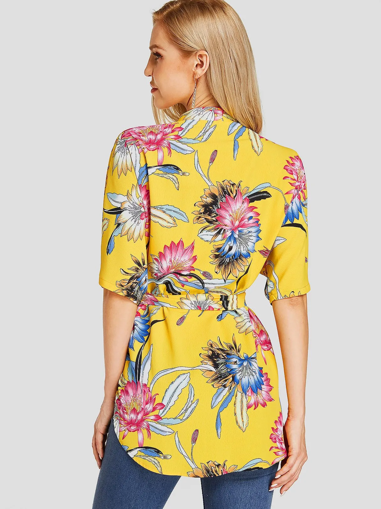 Custom V-Neck Floral Print Self-Tie Half Sleeve Yellow Blouses