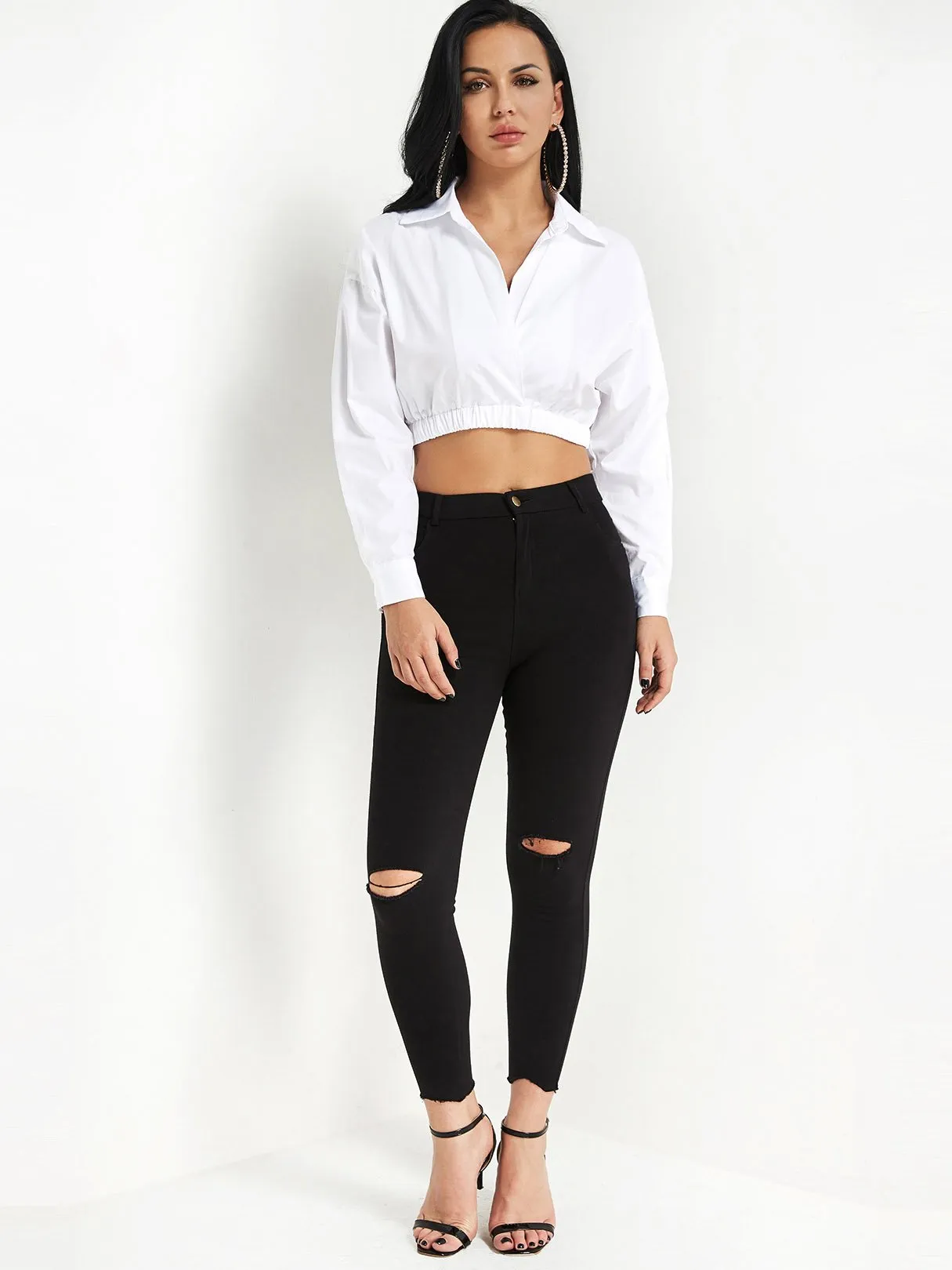 Custom V-Neck Long Sleeve White Blouses