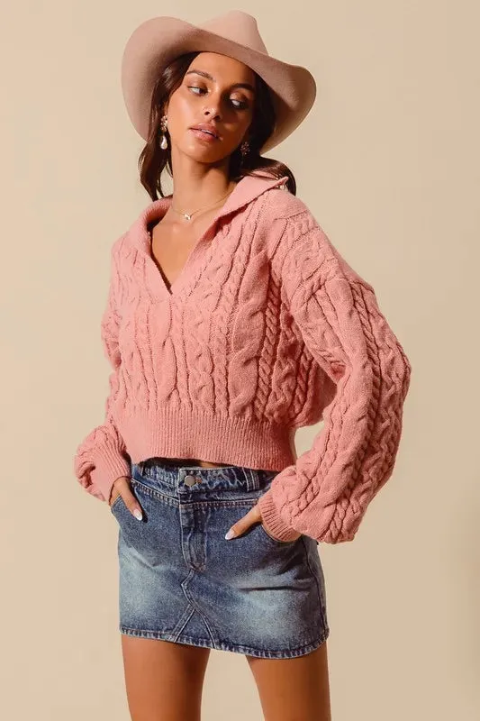 Dusty Rose Cable Knit Deep V-Neck Cropped Sweater