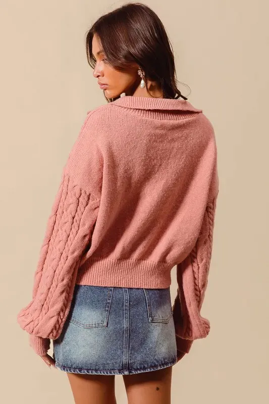 Dusty Rose Cable Knit Deep V-Neck Cropped Sweater