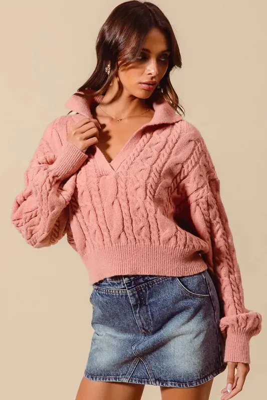 Dusty Rose Cable Knit Deep V-Neck Cropped Sweater