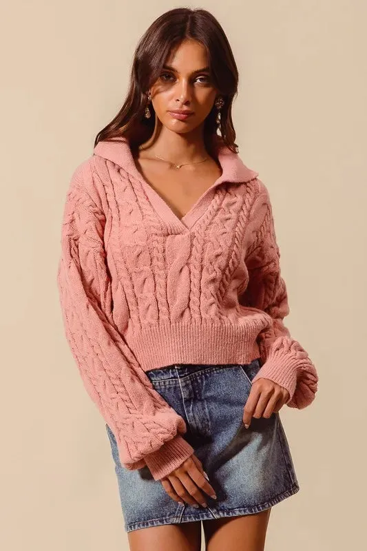 Dusty Rose Cable Knit Deep V-Neck Cropped Sweater