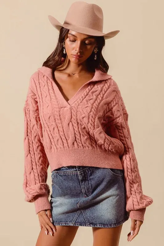 Dusty Rose Cable Knit Deep V-Neck Cropped Sweater