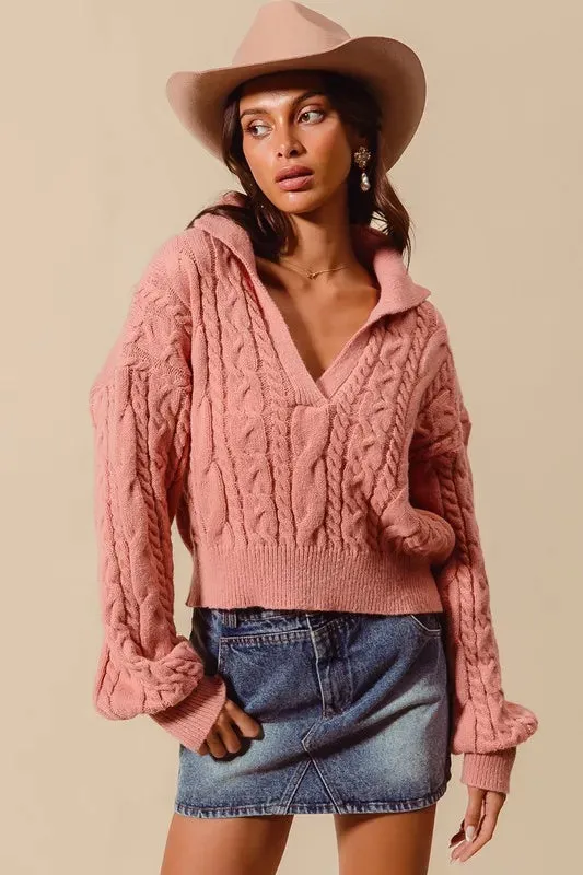 Dusty Rose Cable Knit Deep V-Neck Cropped Sweater