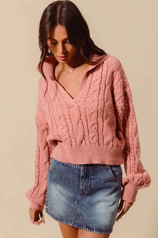 Dusty Rose Cable Knit Deep V-Neck Cropped Sweater