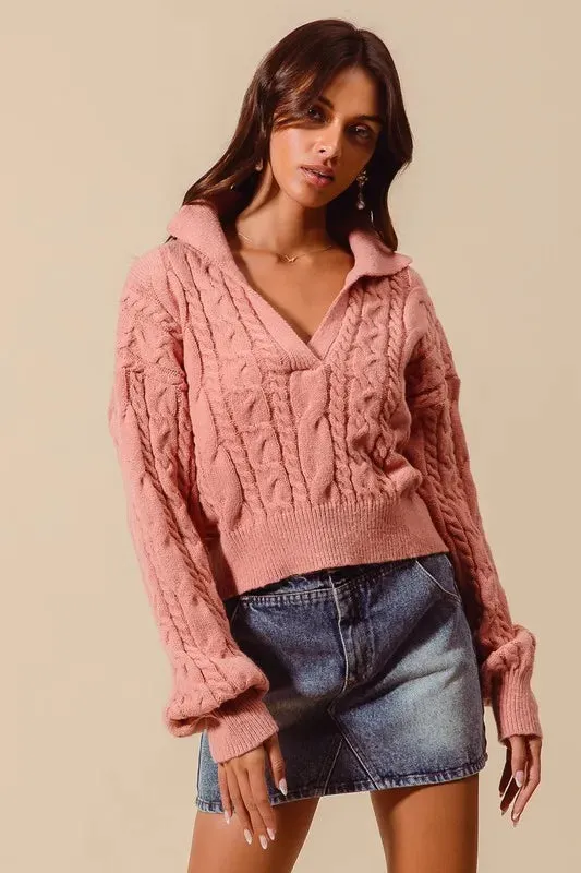 Dusty Rose Cable Knit Deep V-Neck Cropped Sweater