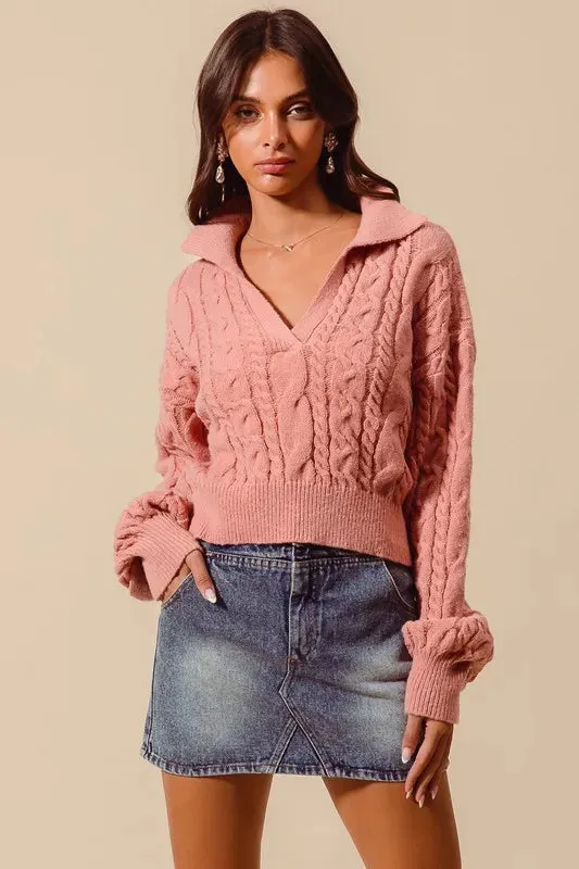 Dusty Rose Cable Knit Deep V-Neck Cropped Sweater