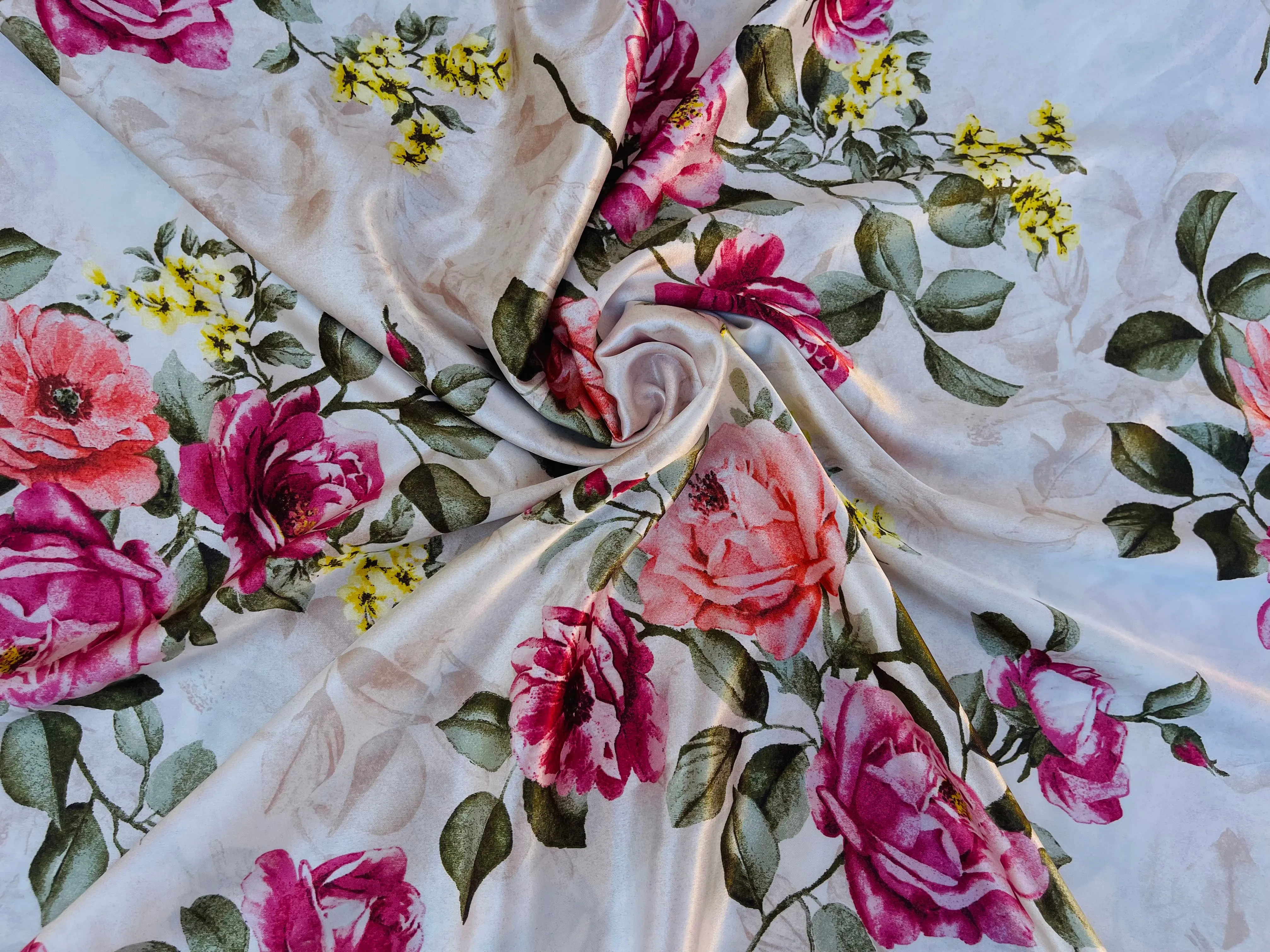 Faux silk charmeuse satin fabric by the yard -  Roses bouquet print