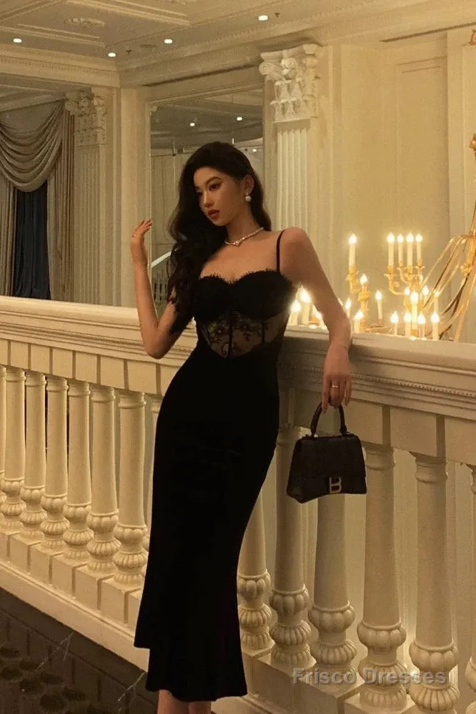 Gorgeous Sheath Spaghetti Straps Black Lace Date Night Dress Long Prom Dresses Birthday Outfits