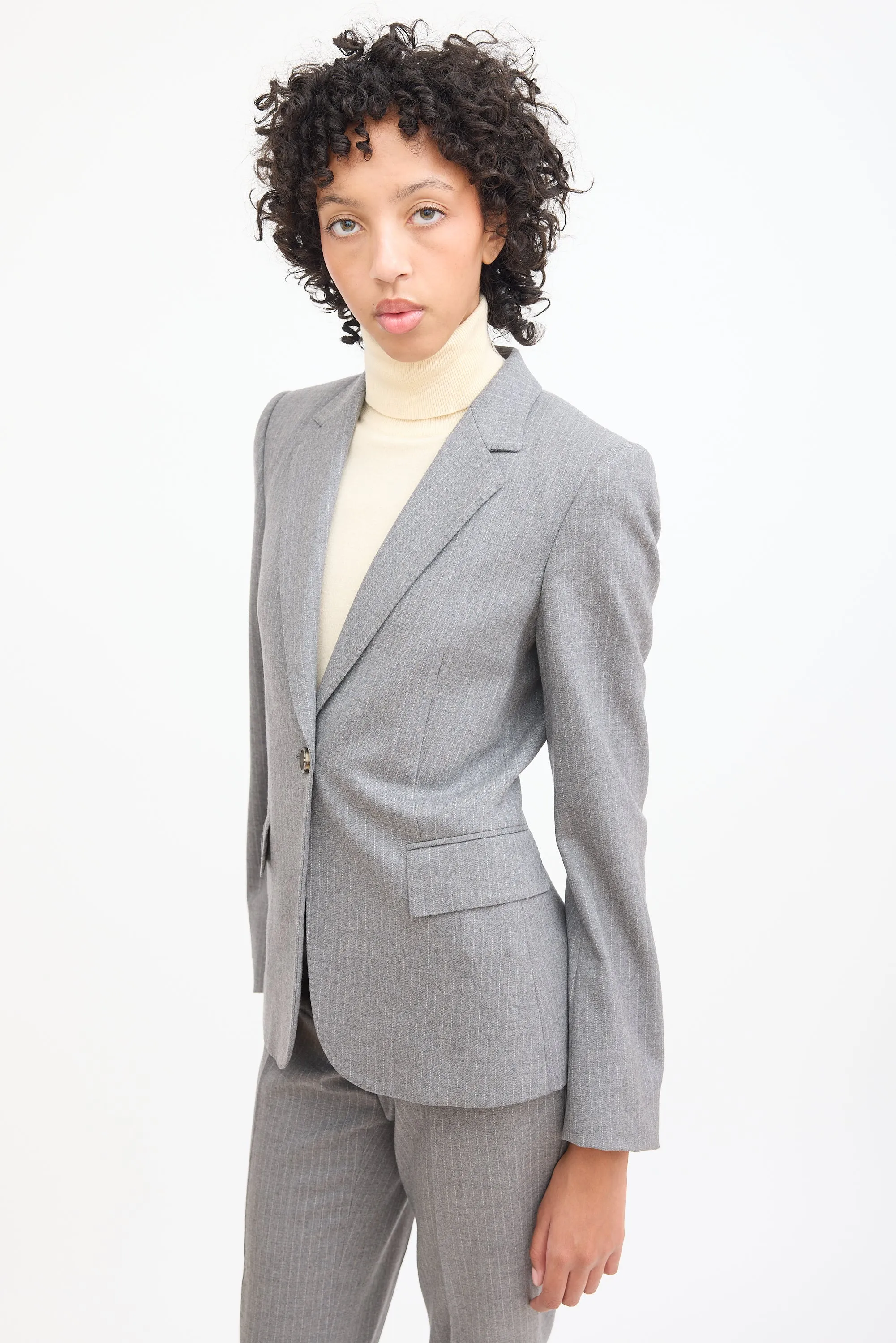 Grey & White Wool Pinstripe Blazer