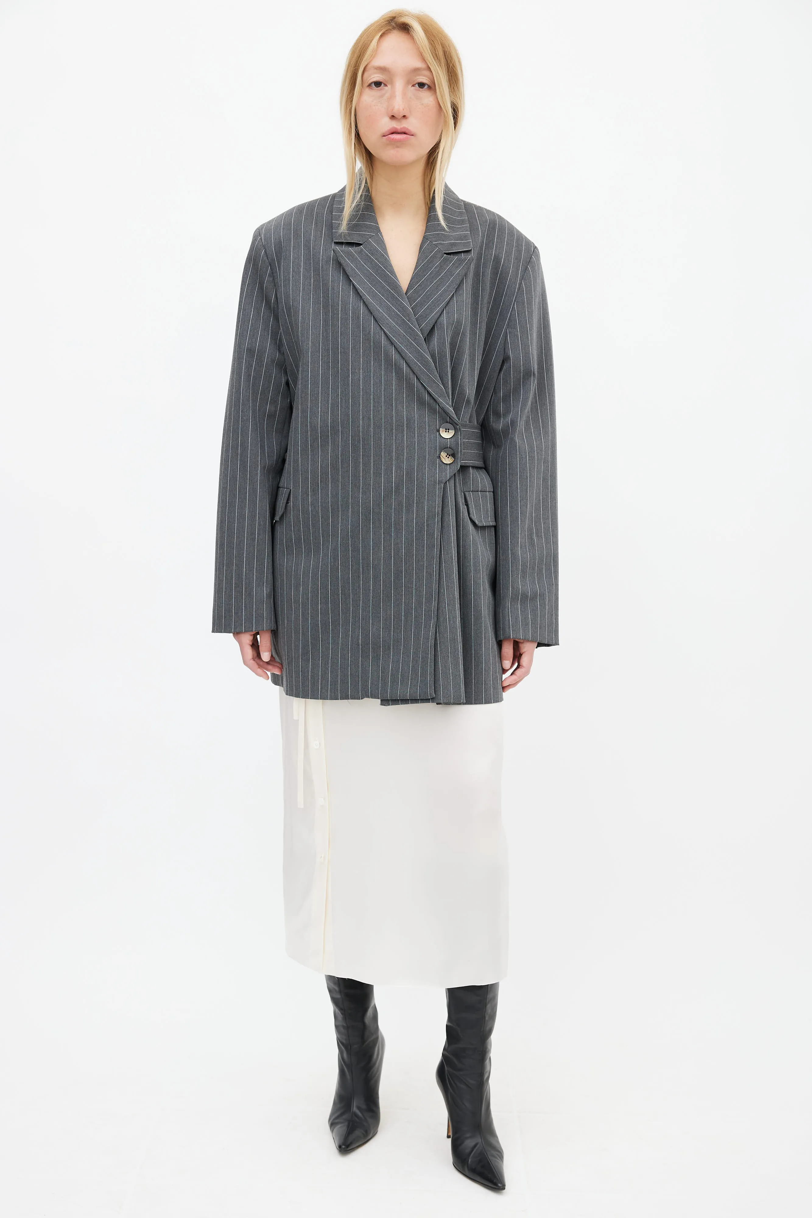 Grey Asymmetrical Pinstripe Belted Blazer