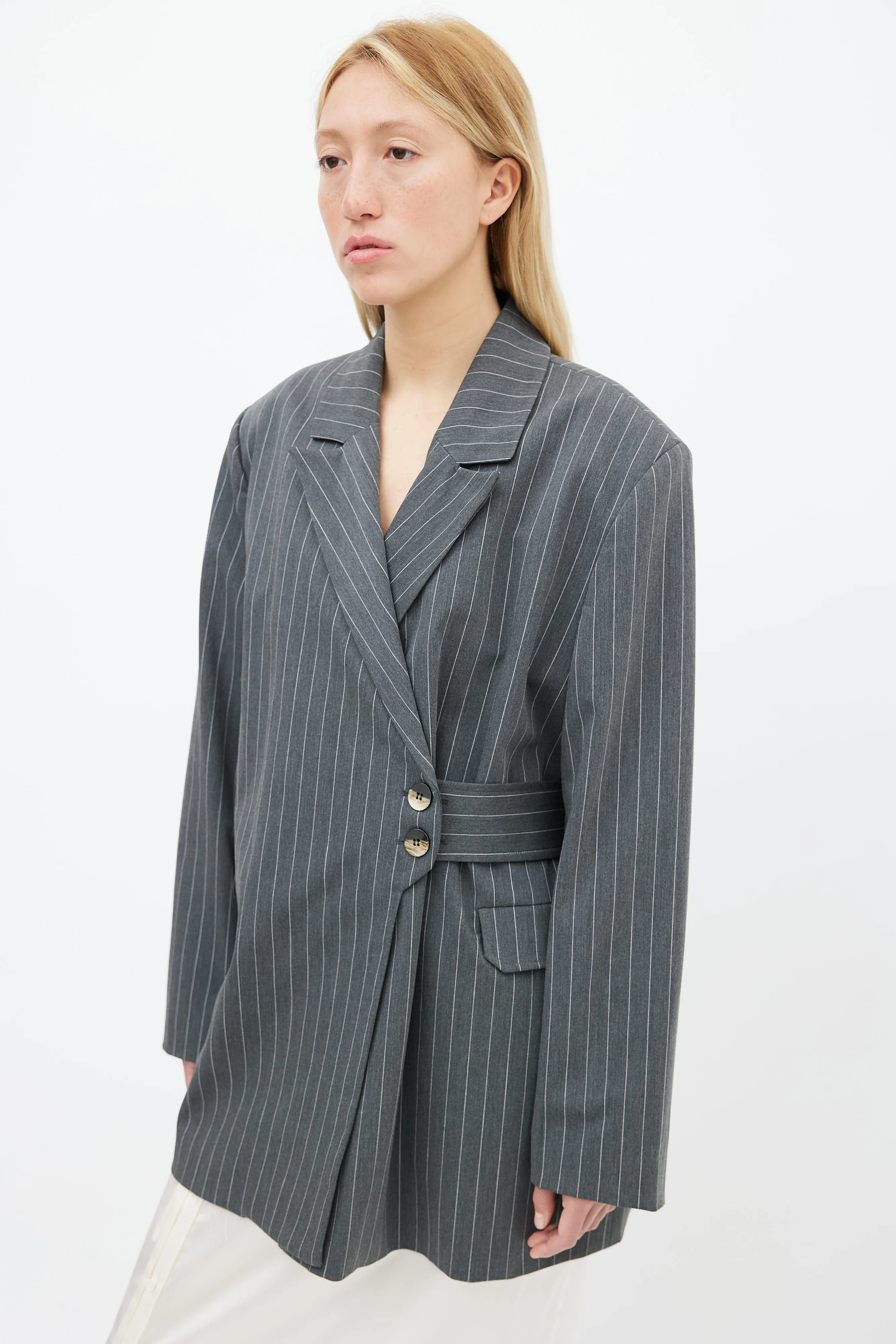 Grey Asymmetrical Pinstripe Belted Blazer