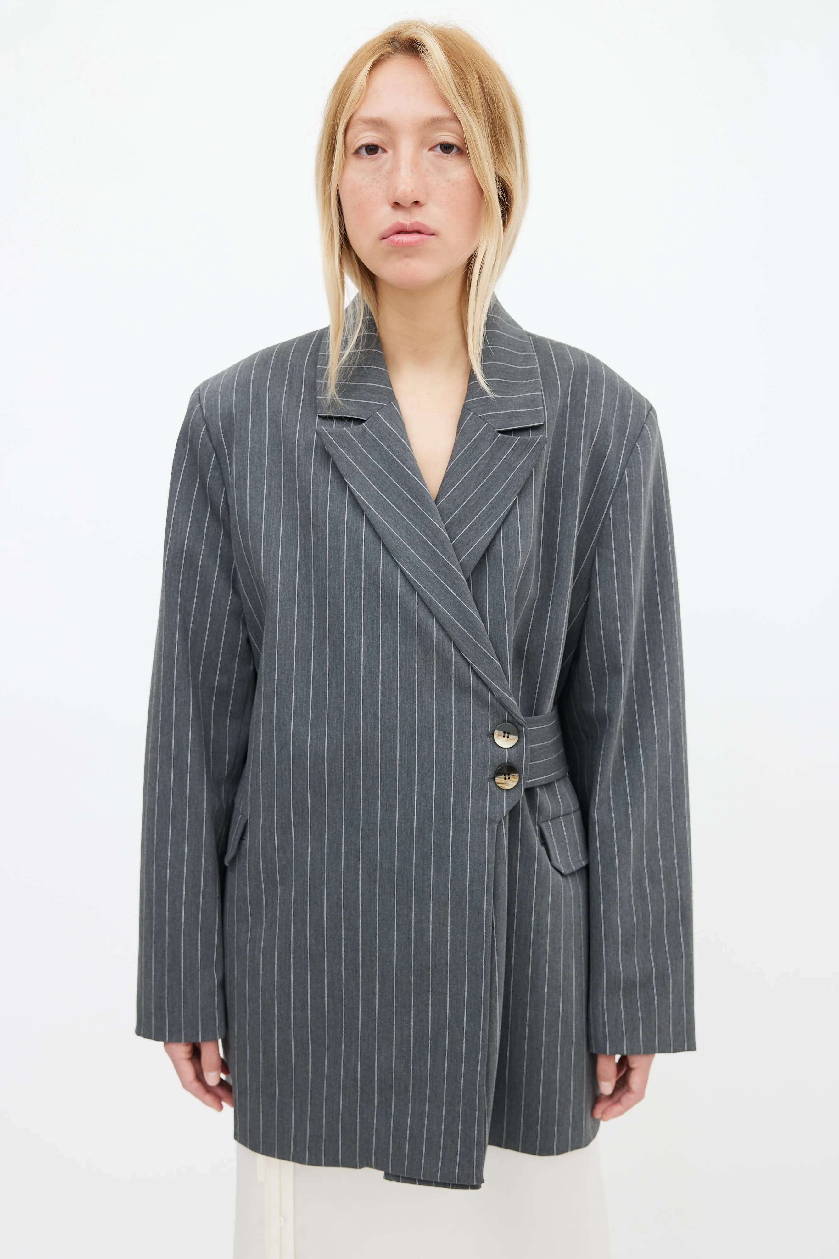 Grey Asymmetrical Pinstripe Belted Blazer