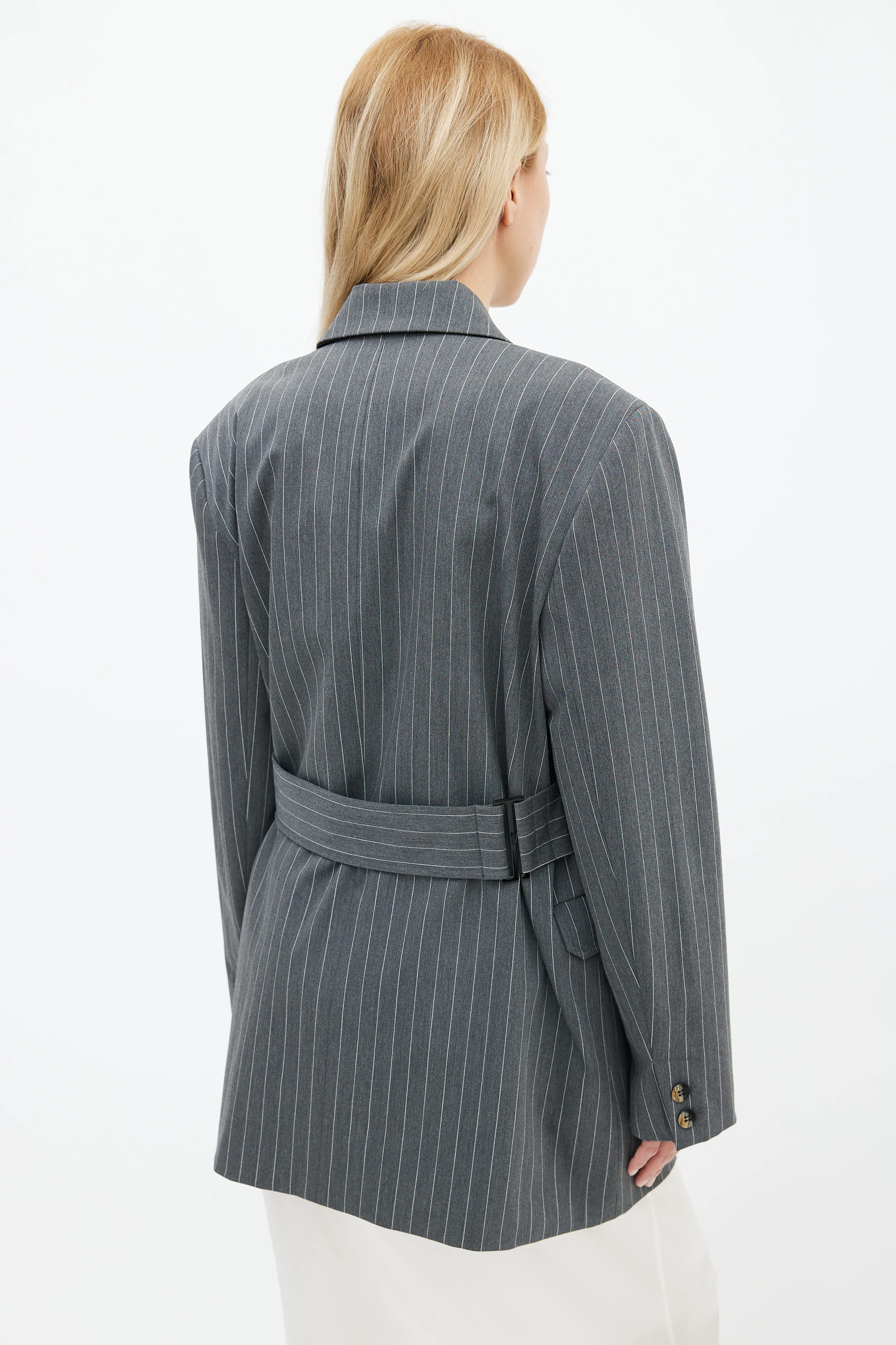 Grey Asymmetrical Pinstripe Belted Blazer