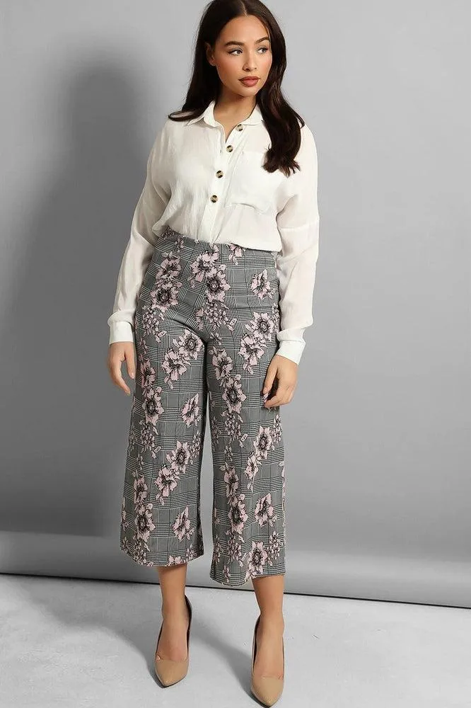 Grey Pink Floral Print Cropped Trousers