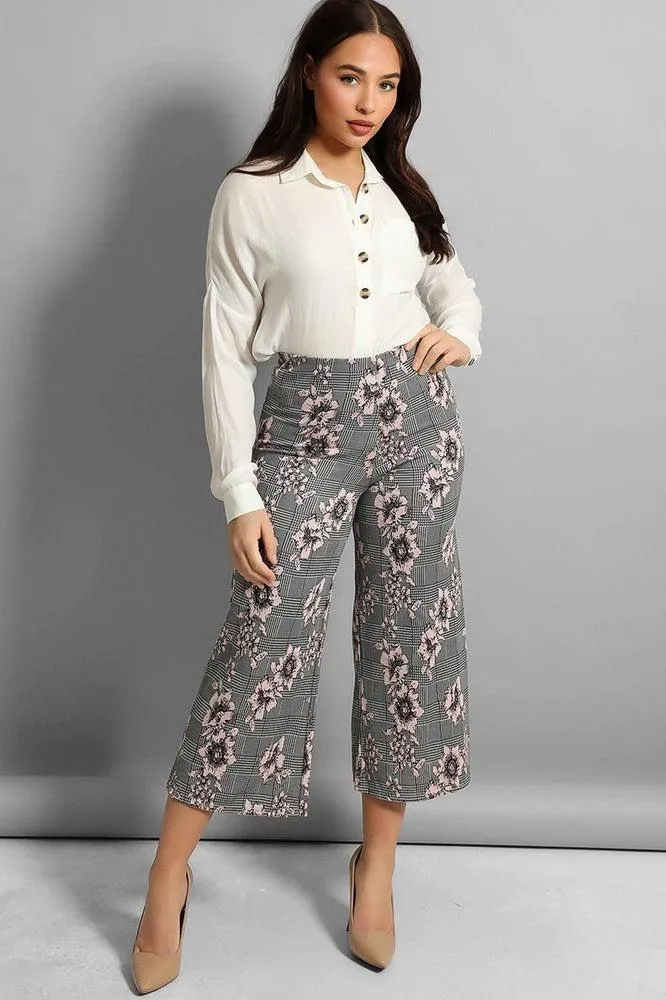 Grey Pink Floral Print Cropped Trousers