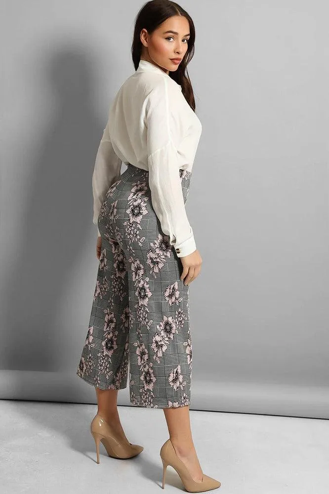 Grey Pink Floral Print Cropped Trousers