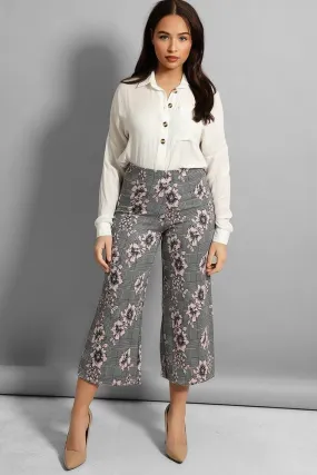 Grey Pink Floral Print Cropped Trousers