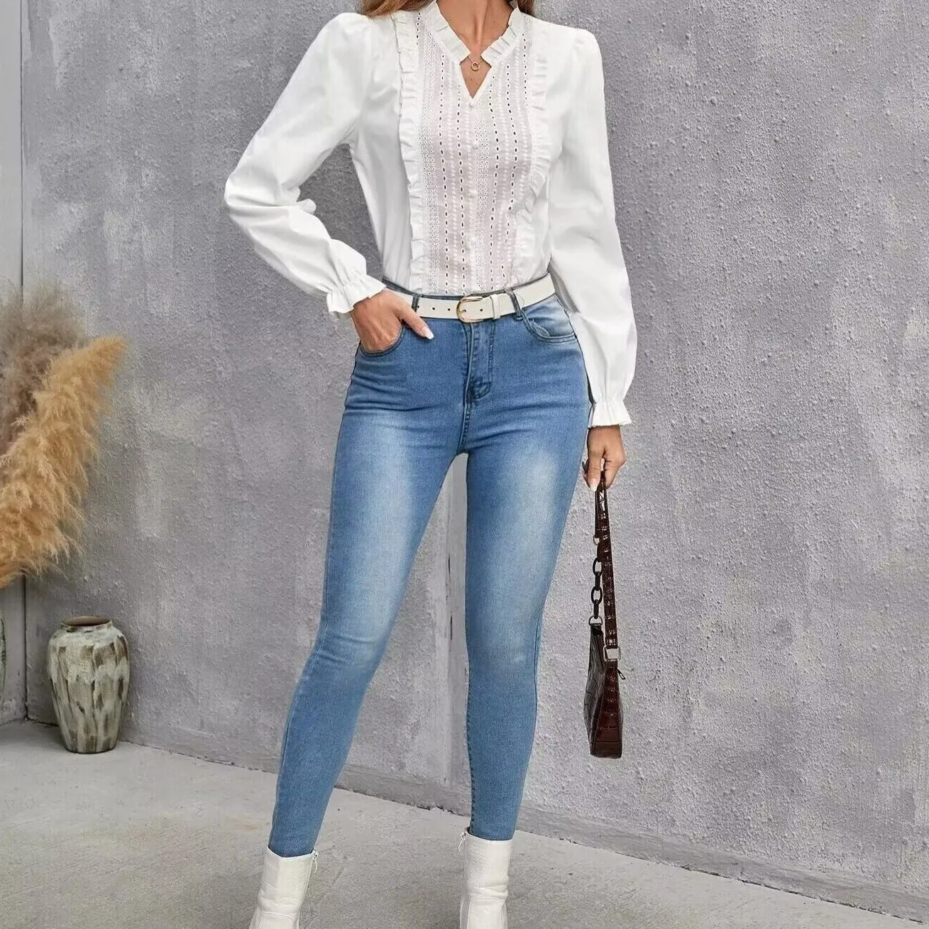Hulianfu Cotton V-neck Long Sleeve Shirt White Lace Office Tops And Blouses Women 2023 Autumn New Petite XS Size Top Femme Shirts Blouse
