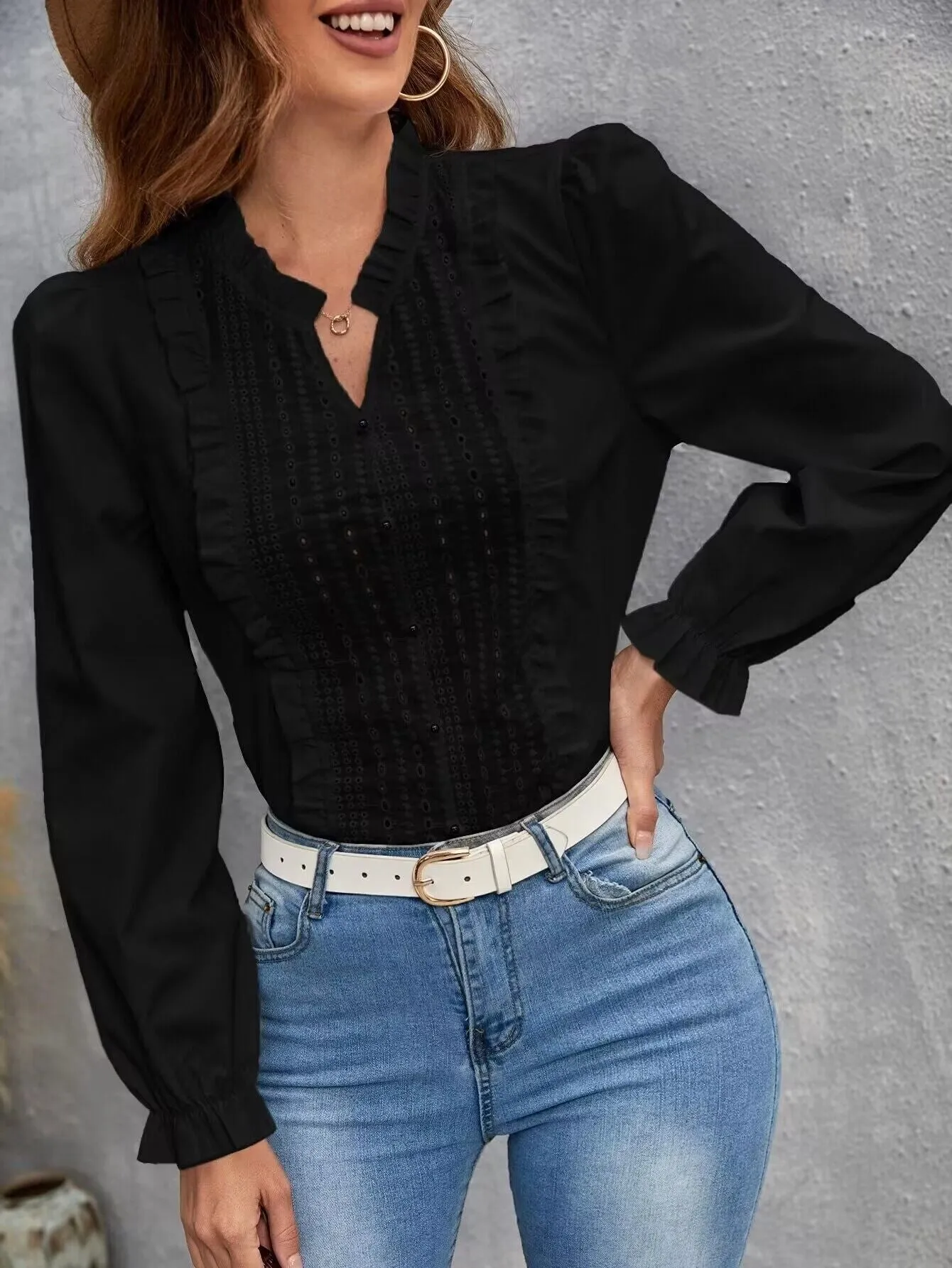 Hulianfu Cotton V-neck Long Sleeve Shirt White Lace Office Tops And Blouses Women 2023 Autumn New Petite XS Size Top Femme Shirts Blouse