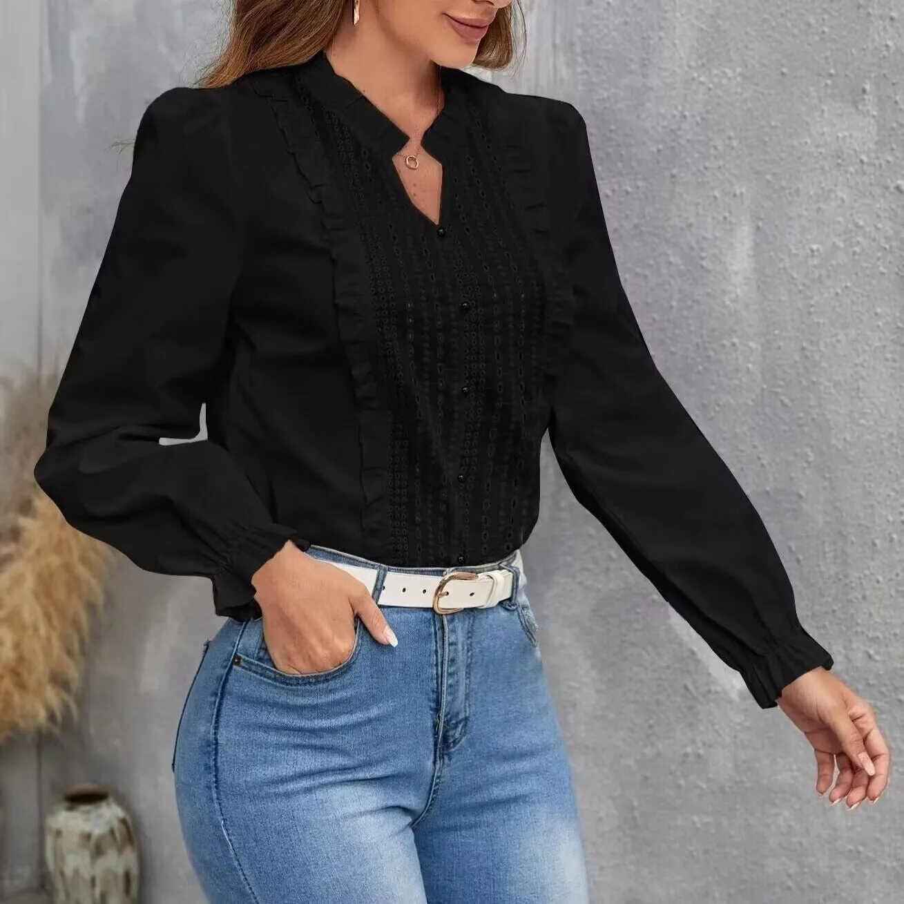 Hulianfu Cotton V-neck Long Sleeve Shirt White Lace Office Tops And Blouses Women 2023 Autumn New Petite XS Size Top Femme Shirts Blouse