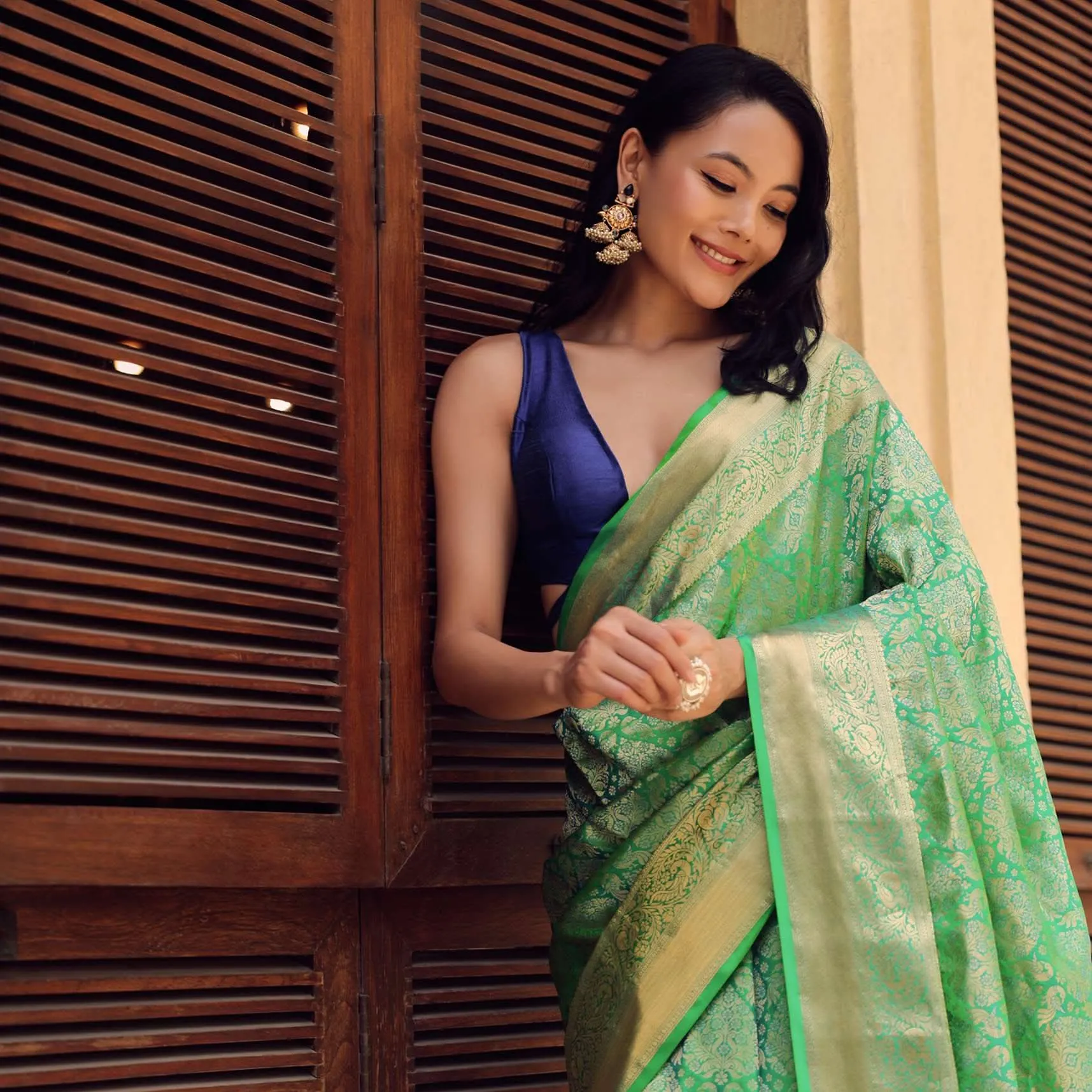 Jade Green Kanjivaram Saree In Zari Weave With An Unstitched Blouse
