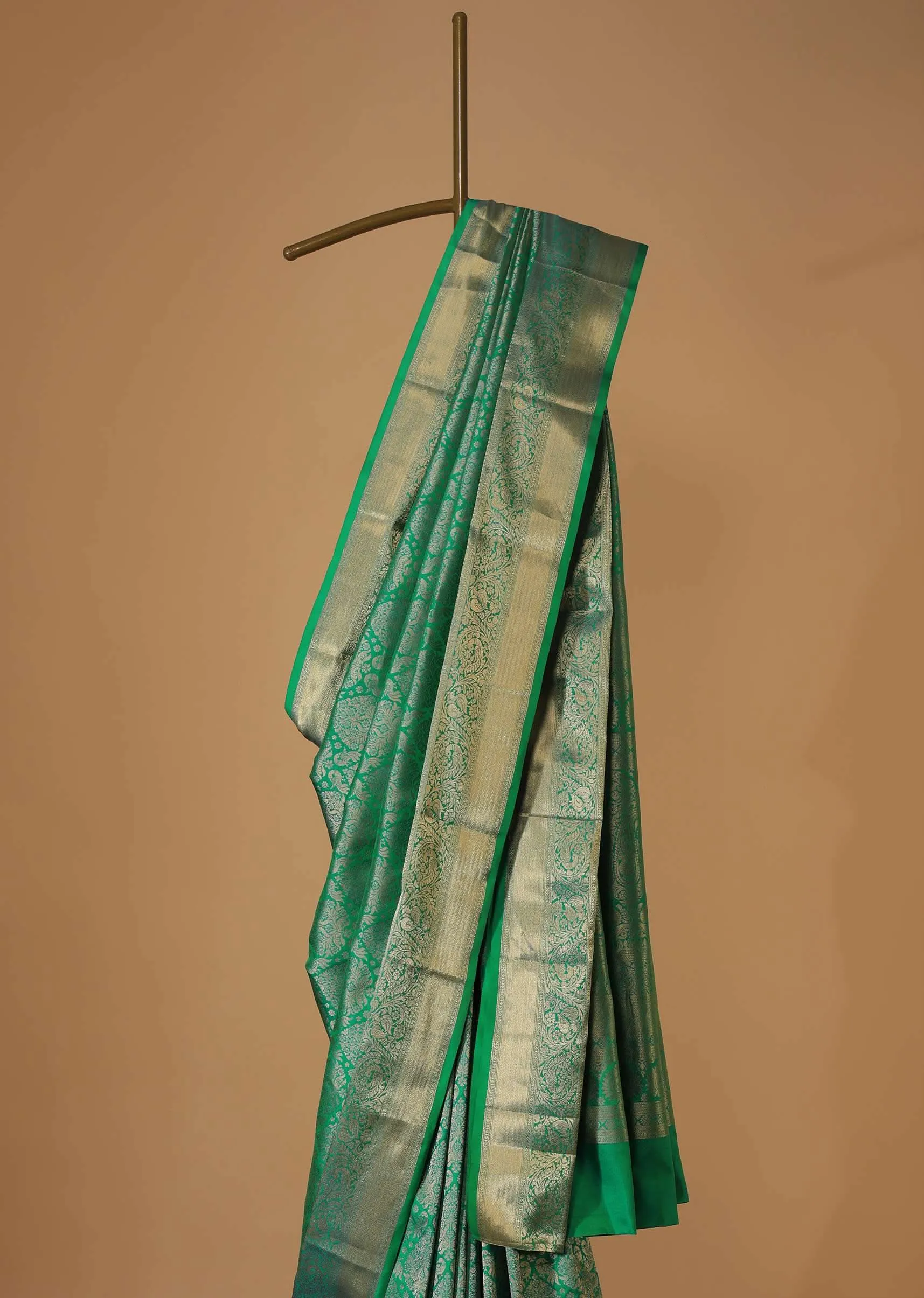 Jade Green Kanjivaram Saree In Zari Weave With An Unstitched Blouse