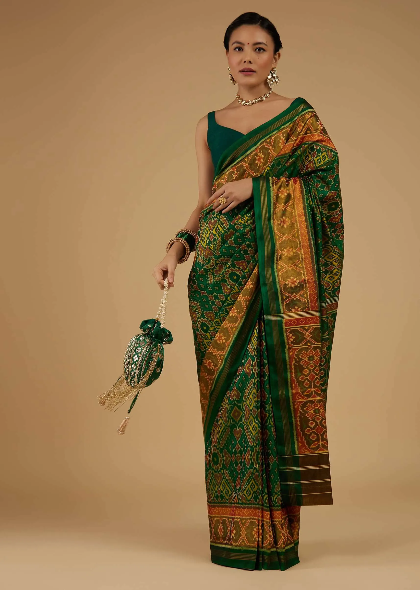 Jade Green Saree In Silk With Ikat Weave Patola Work
