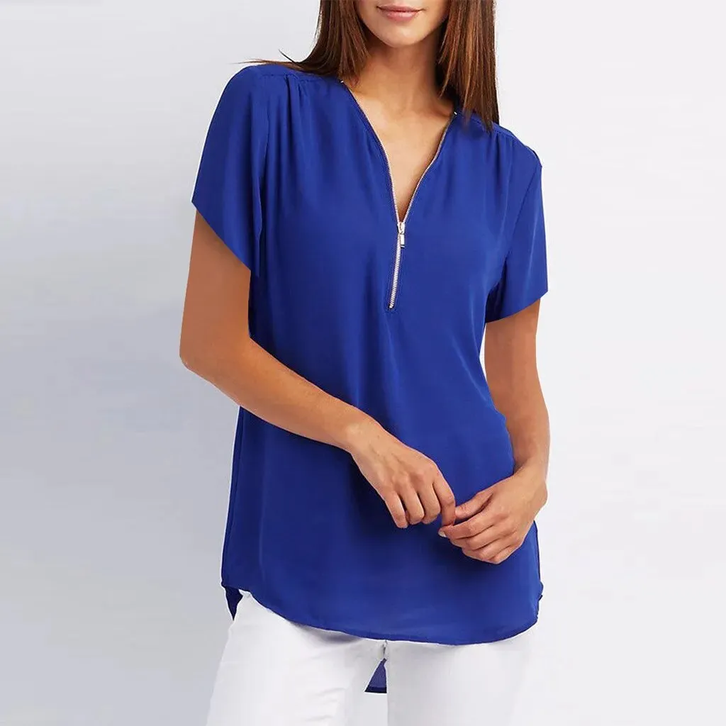 JuliaFashion - 2024 Zipper V Neck Summer Blouses