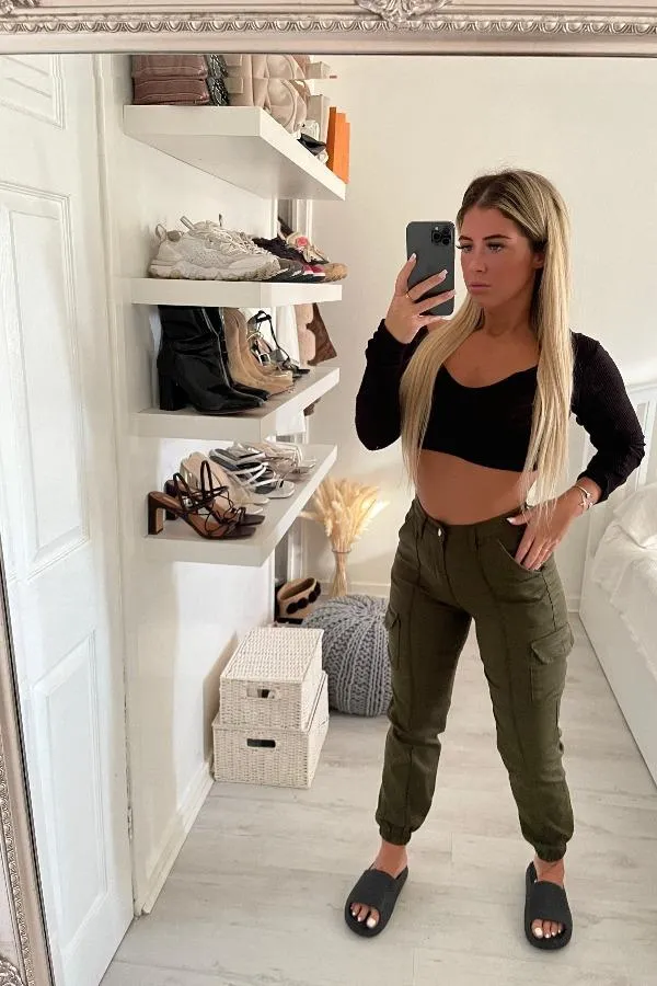 KHAKI HIGH WAISTED POCKET COMBAT TROUSERS