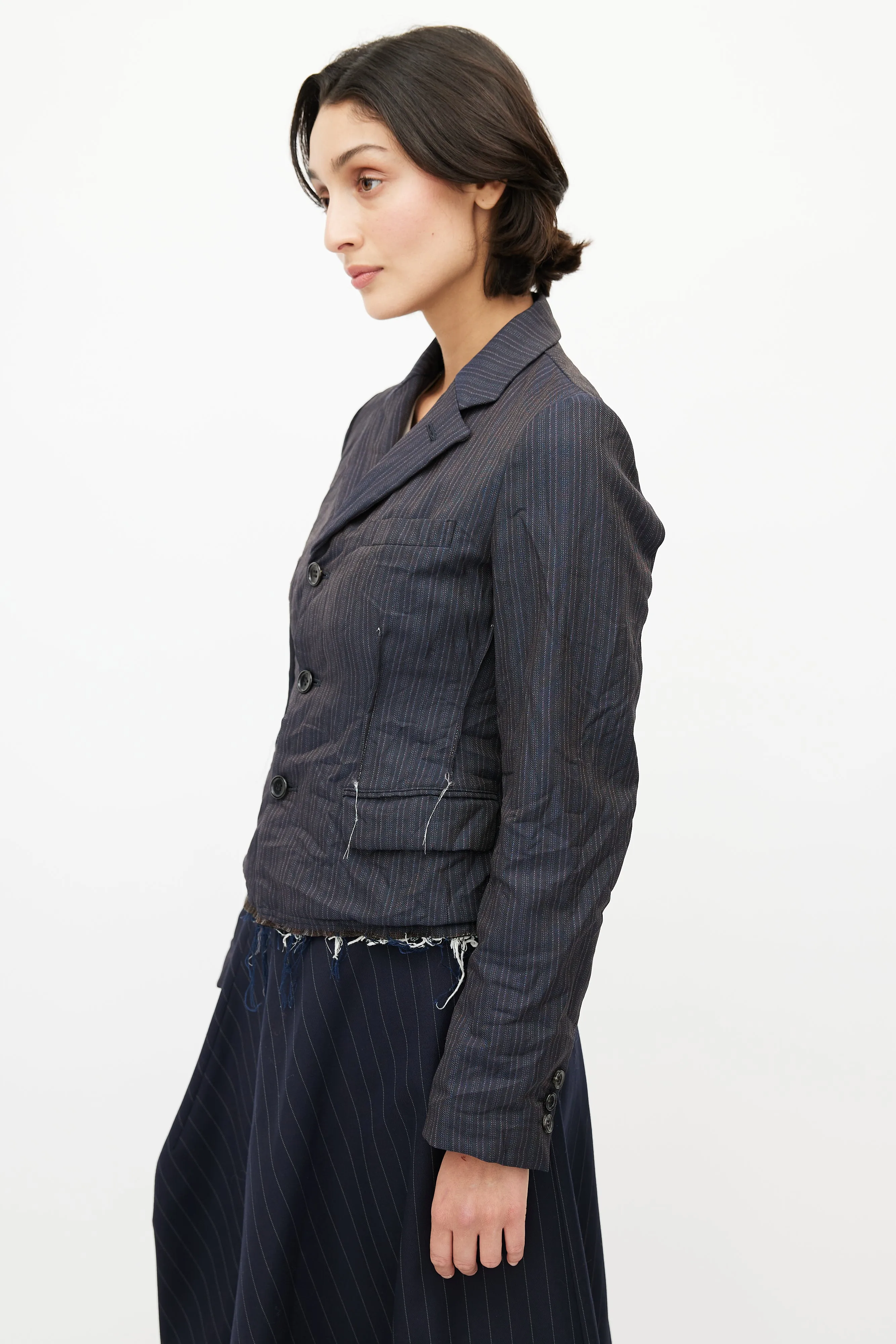 Navy Pinstripe Raw Hem Blazer