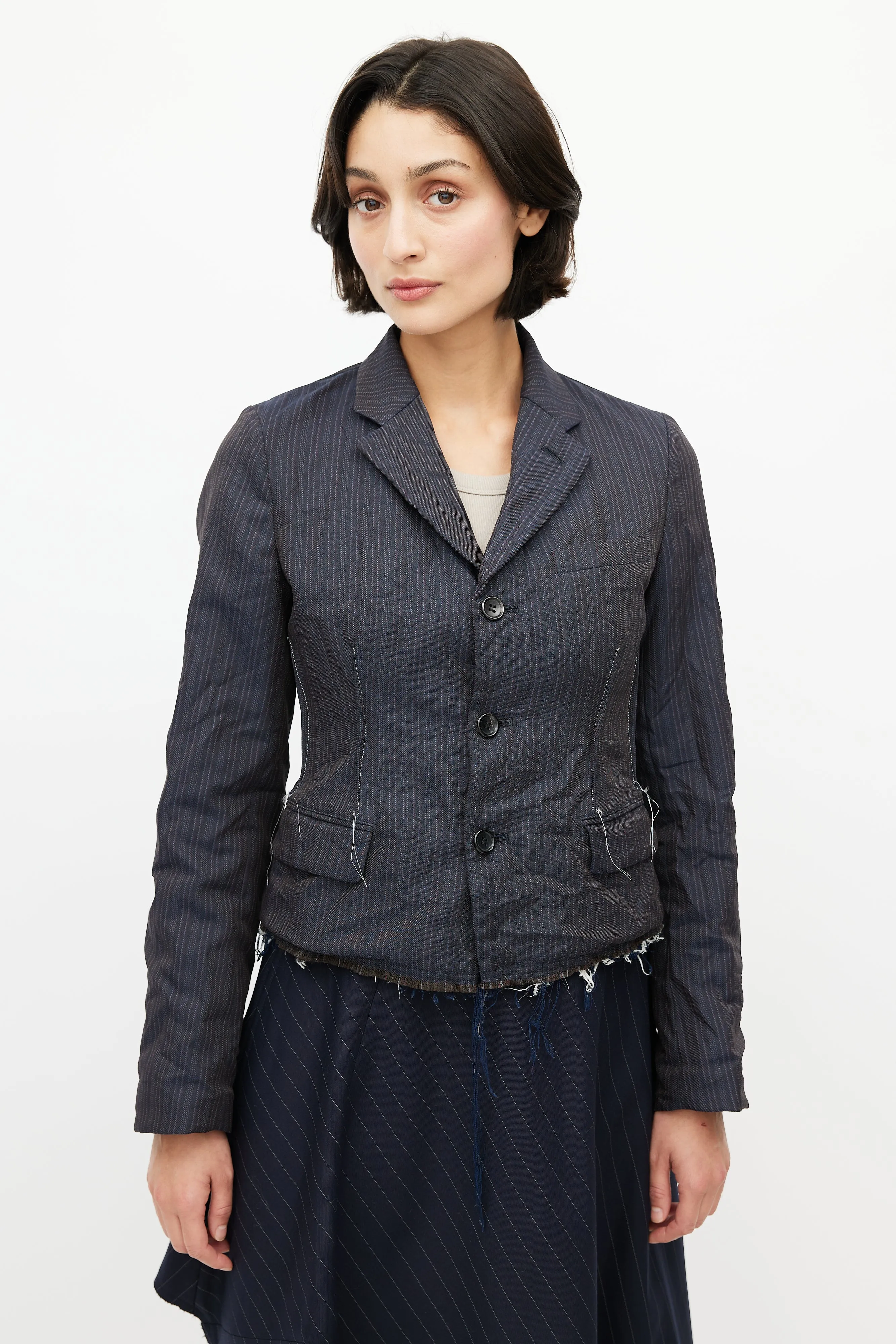 Navy Pinstripe Raw Hem Blazer