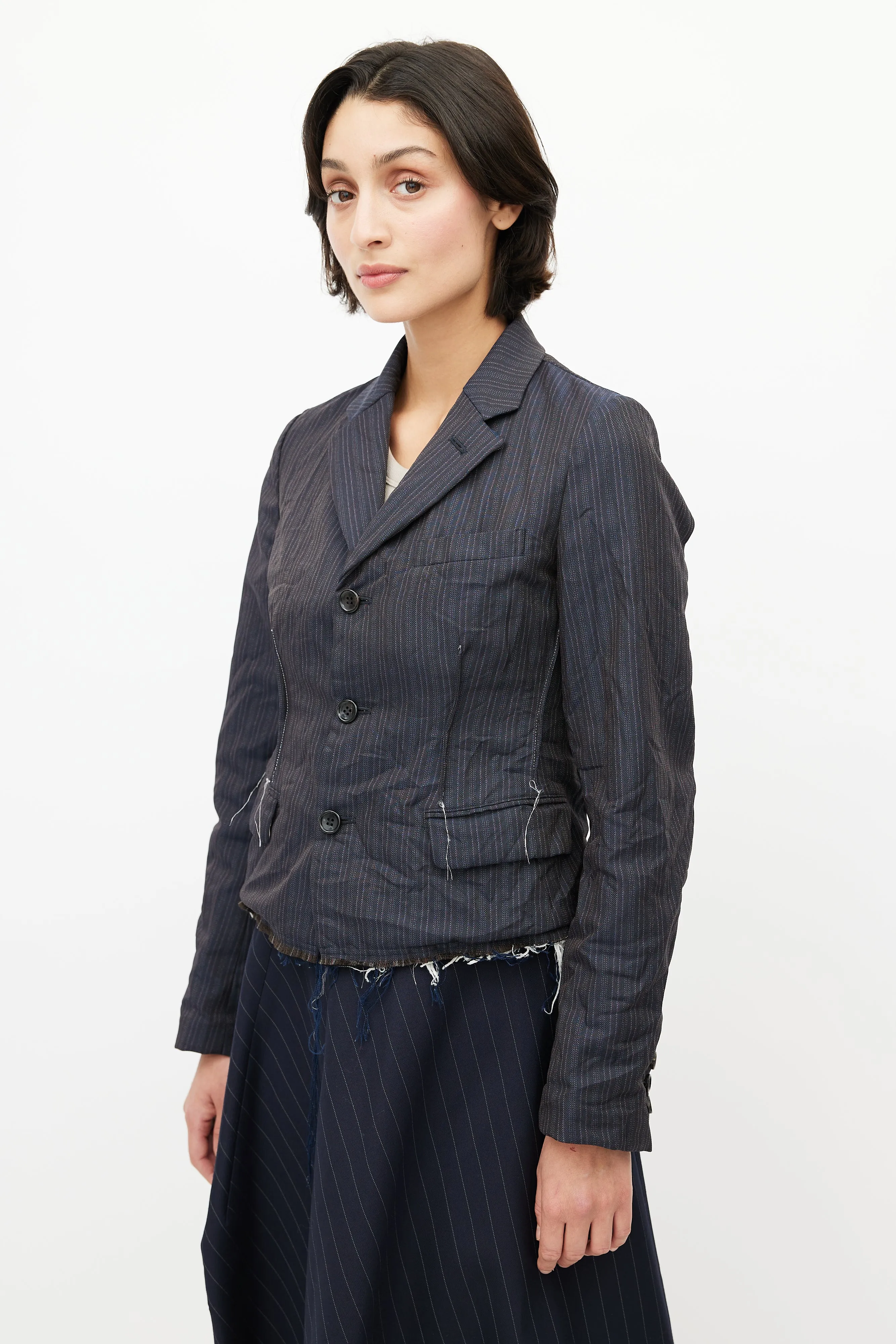 Navy Pinstripe Raw Hem Blazer