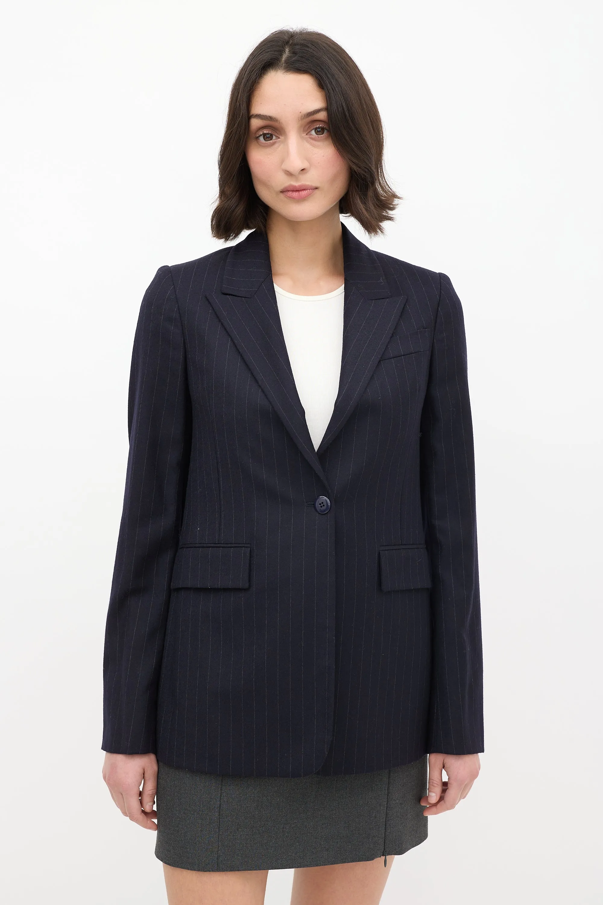 Navy Wool Pinstripe Blazer