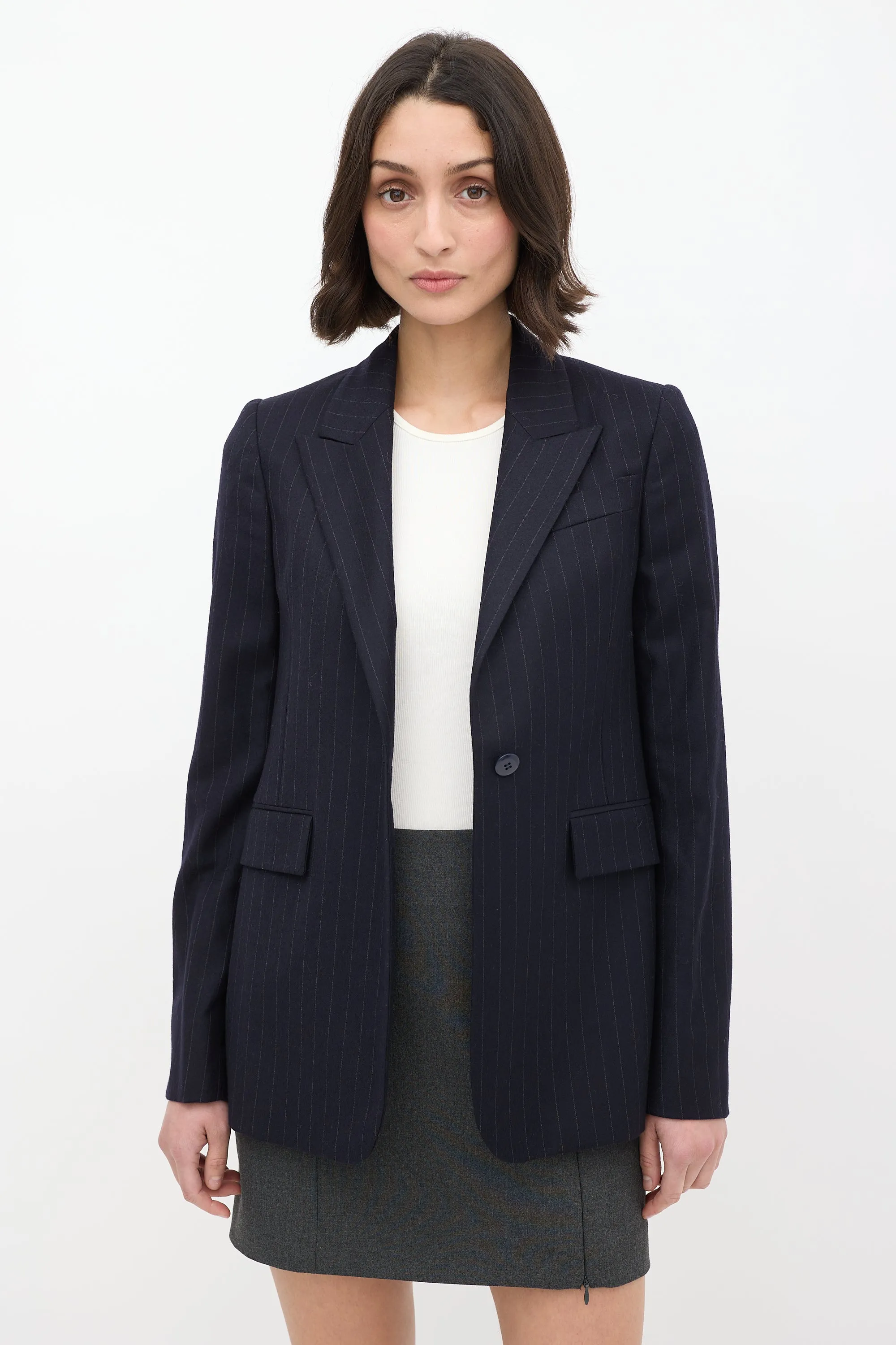 Navy Wool Pinstripe Blazer