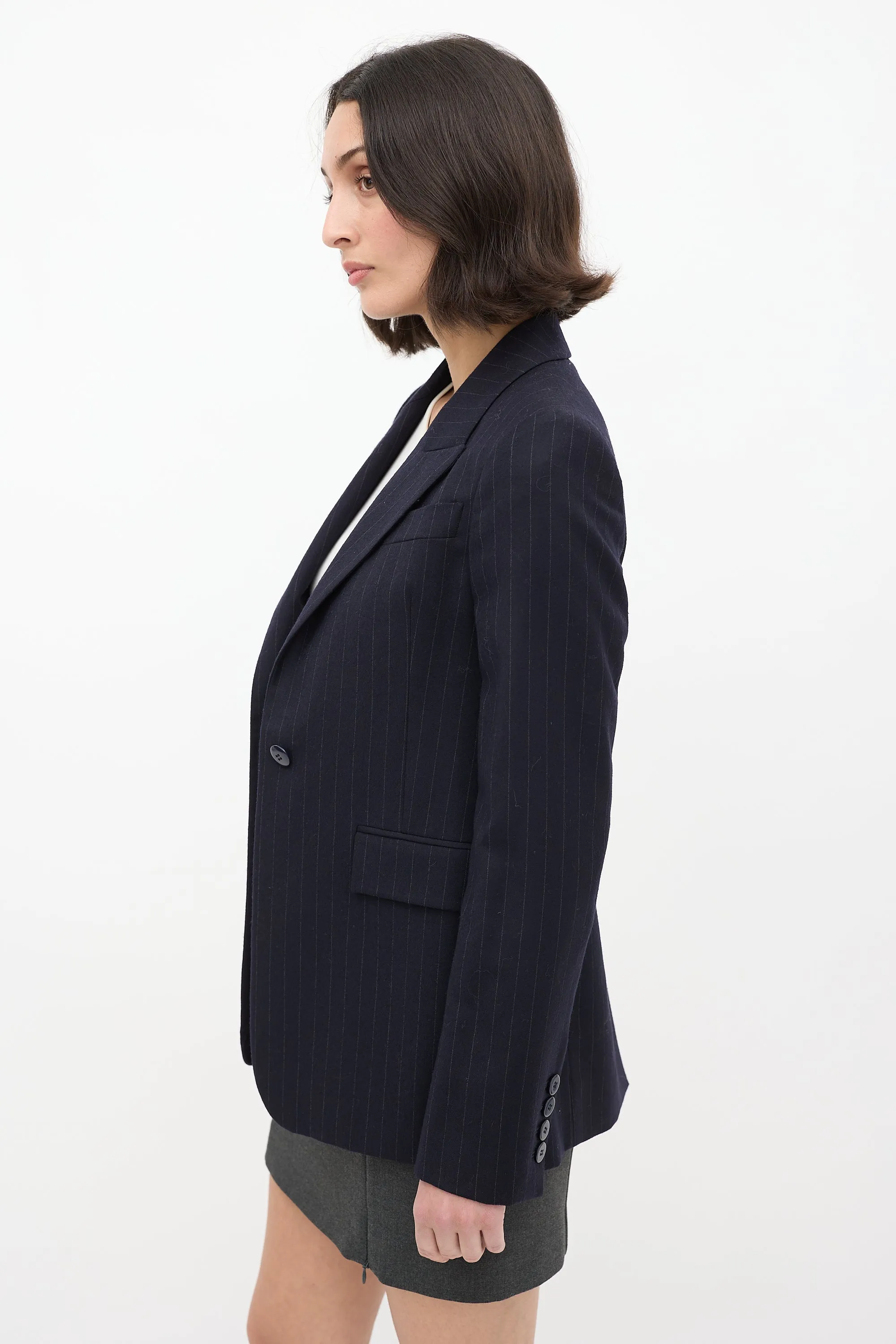 Navy Wool Pinstripe Blazer