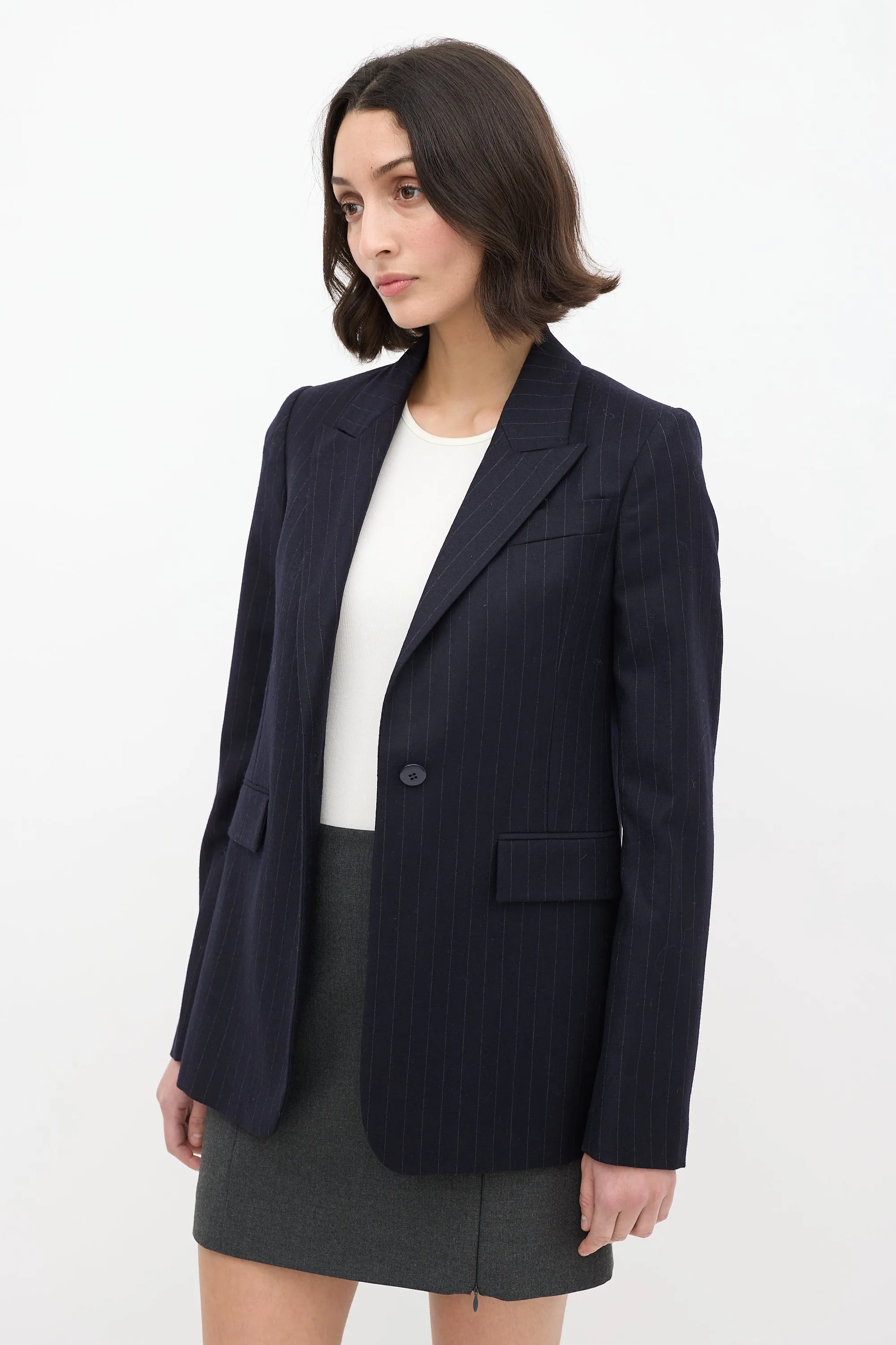 Navy Wool Pinstripe Blazer