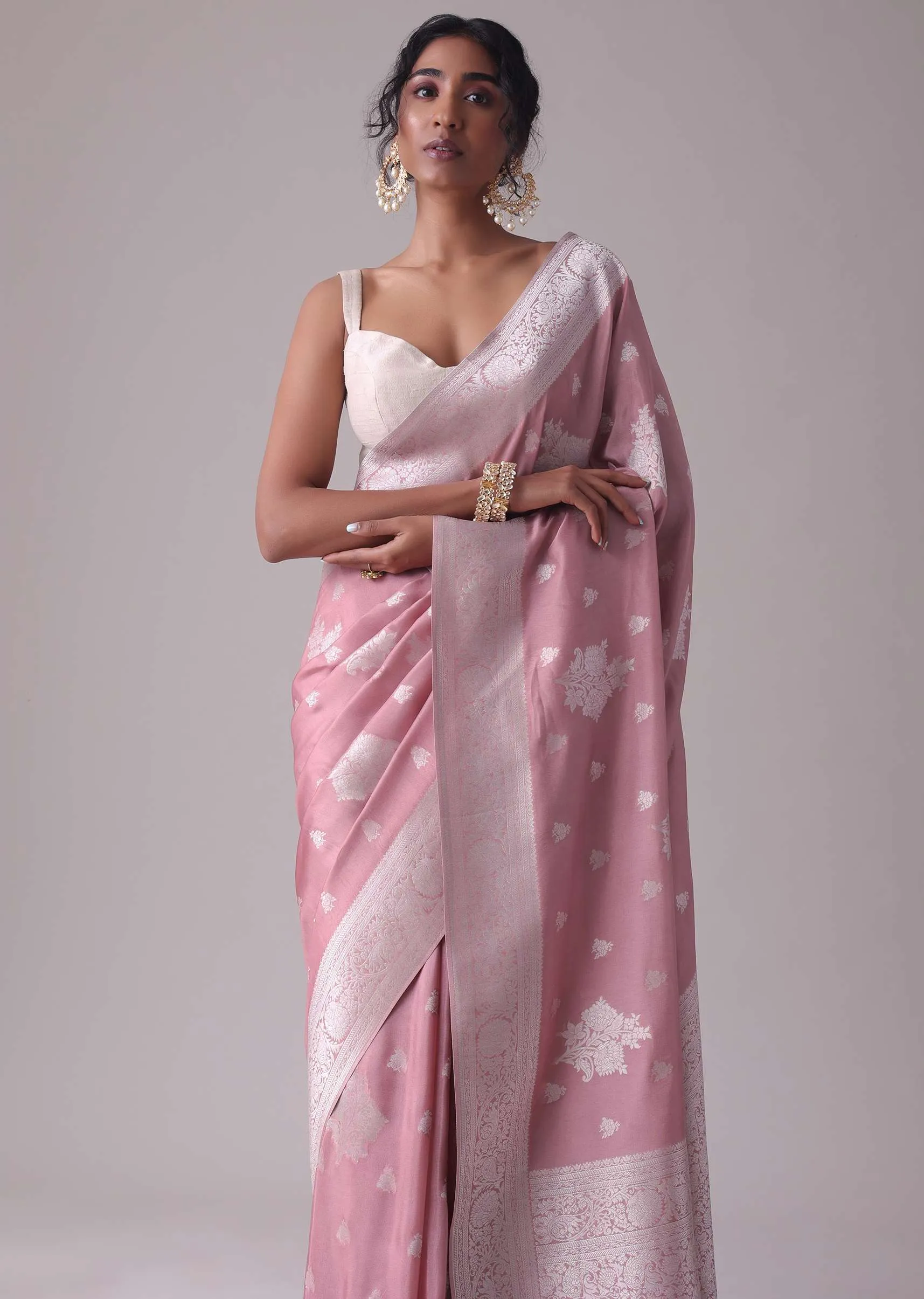 Nostalgia Rose Pink Woven Saree In Dola Silk And Silver Weave
